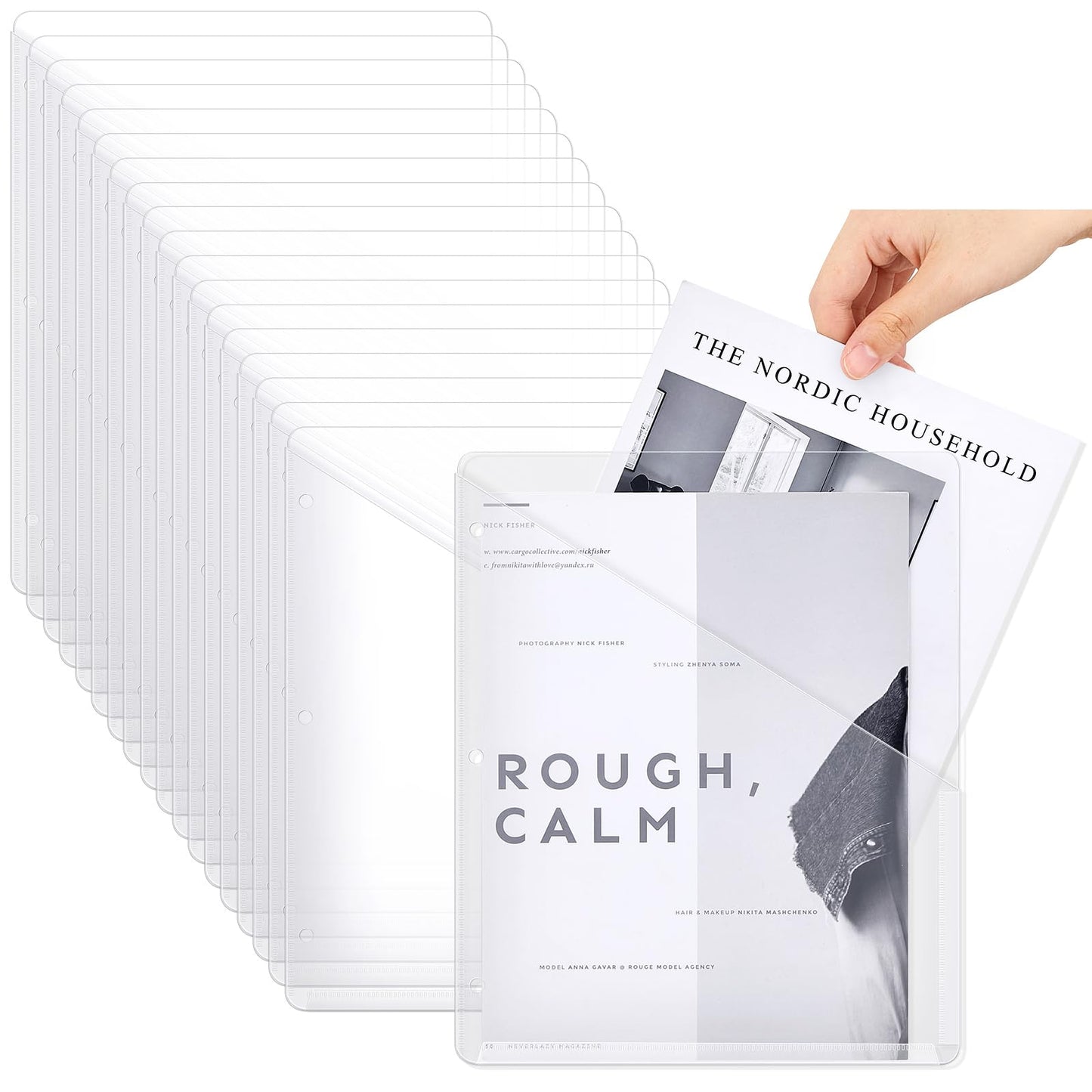 Seajan 48 Pcs 3 Hole Punch Binder Folders 3 Ring Binder Plastic Sleeves Clear Poly Translucent Slash File Jacket Binder Organizer Pockets for Paper Document(White)