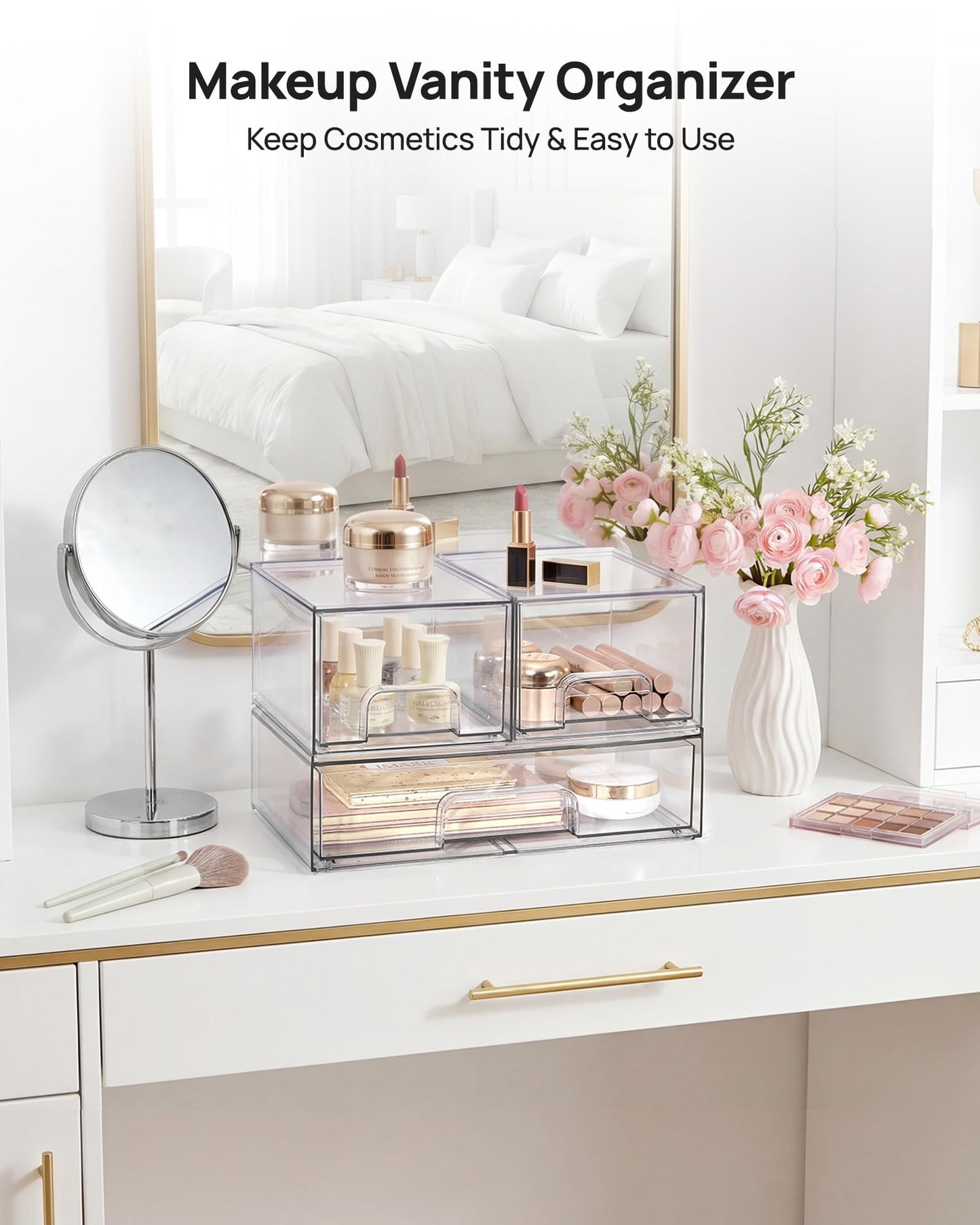 Vtopmart Stackable Storage Drawers Set of 4, Clear Plastic Organizer Bins for Bathroom Supplies,Ideal for Cabinet,Pantry,Laundry Room Organization