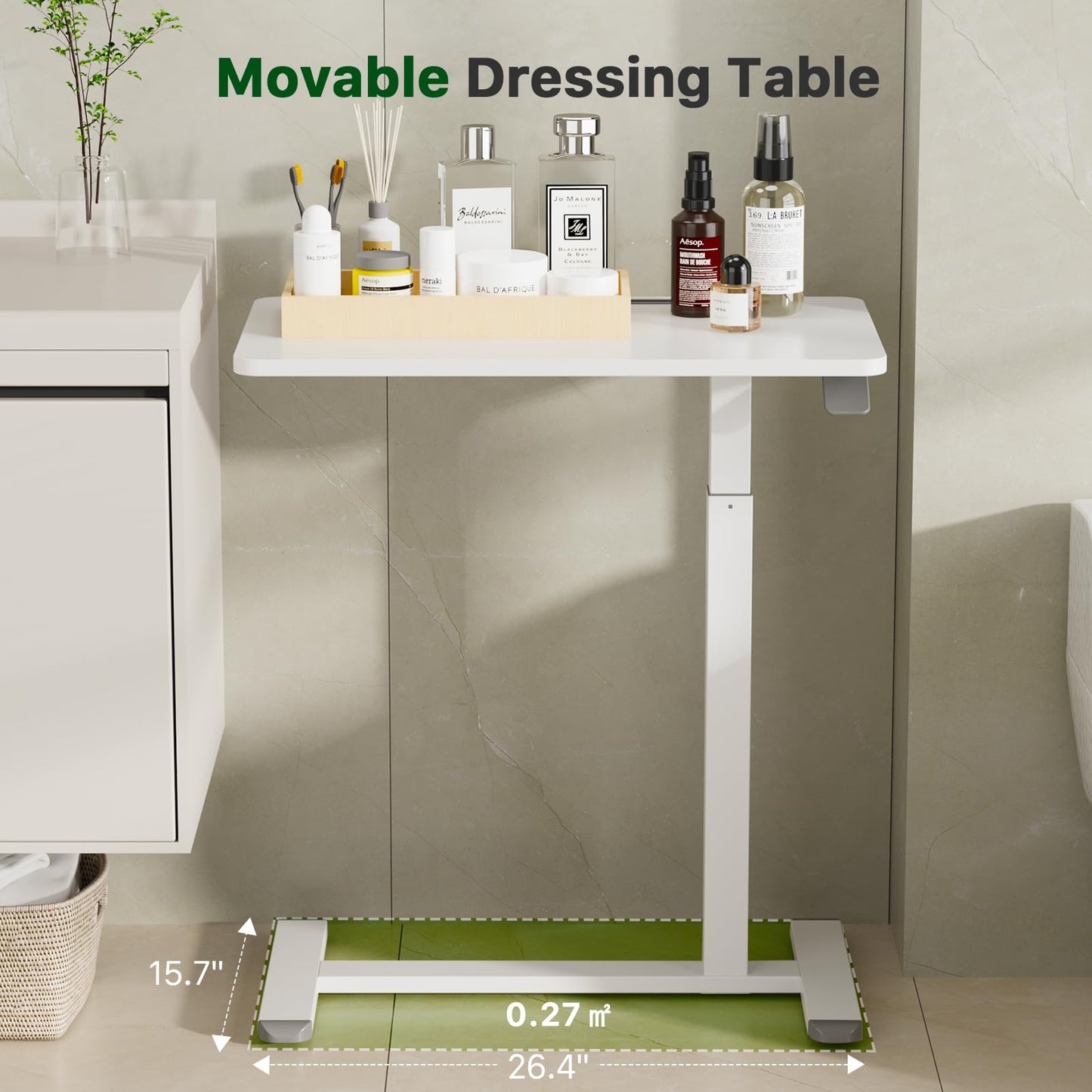 Gibbon Mounts Mobile Standing Desk, Pneumatic Adjustable Rolling Desk(27.5 Inches), Portable Laptop Desk with Wheels, Overbed Bedside Table Laptop Table for Couch, Home, Office, White