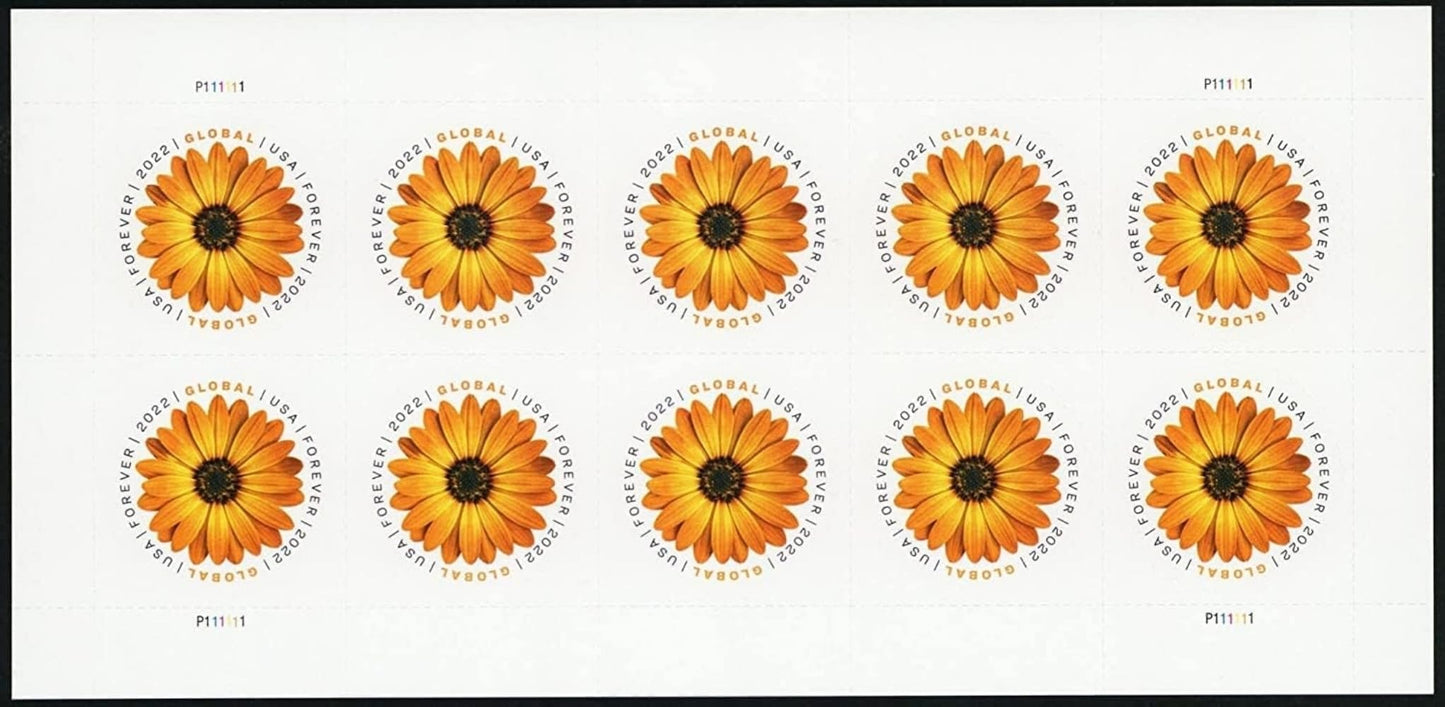 2022 Global Forever International Mail African Daisy Postage Stamps (1 Sheet, 10 Stamps)