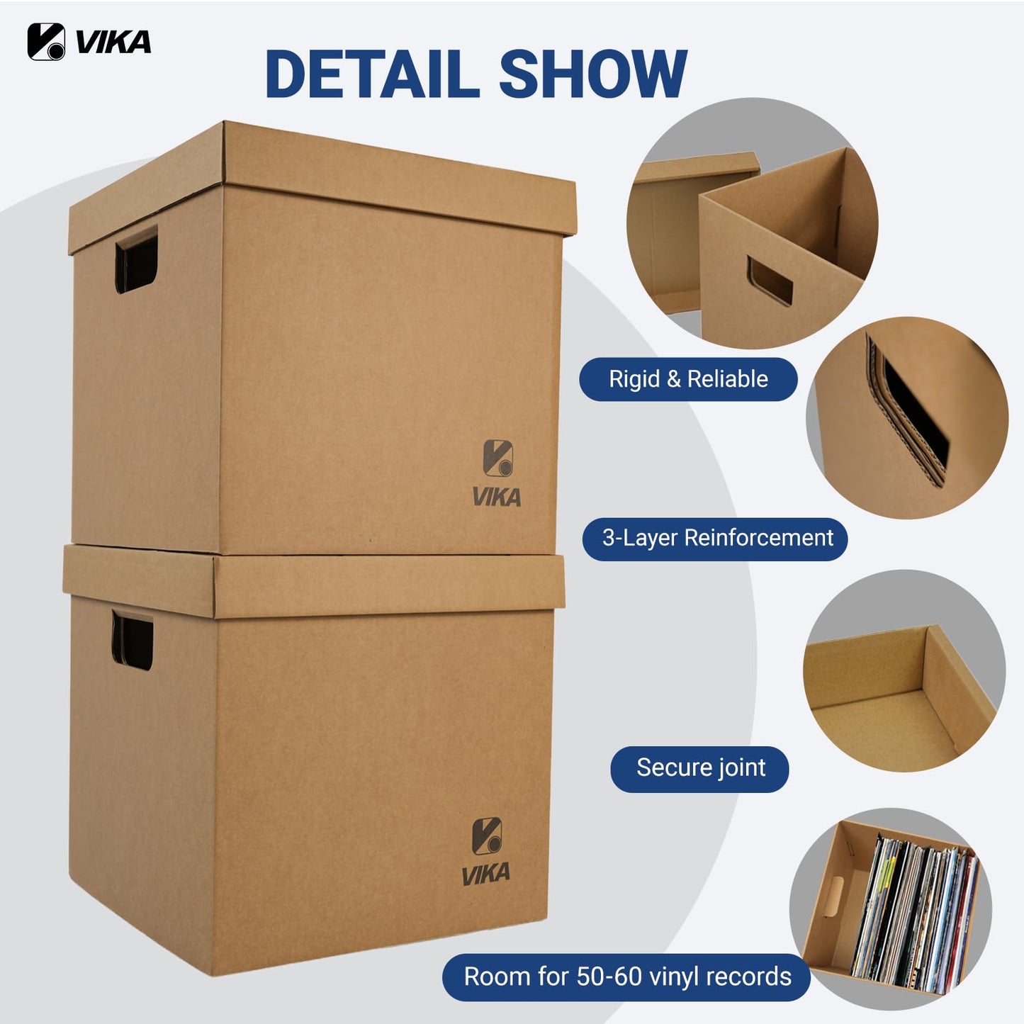 VIKA Vinyl Record Storage Box & Moving Box – Sturdy Cardboard with Removable Lids and Handles, Holds 60 Records/Laser Discs Each - Set of 4 Boxes (Kraft)