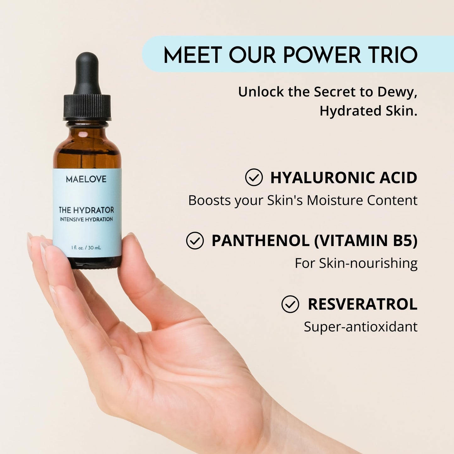 MAELOVE Hydrator Hyaluronic Acid Serum w/Vitamin B5, Lightweight & Non Greasy Formula w/Panthenol & Resveratrol for Ultimate Hydration & Youthful Dewy Glow, Reduces Fine Lines & Wrinkles, USA Made