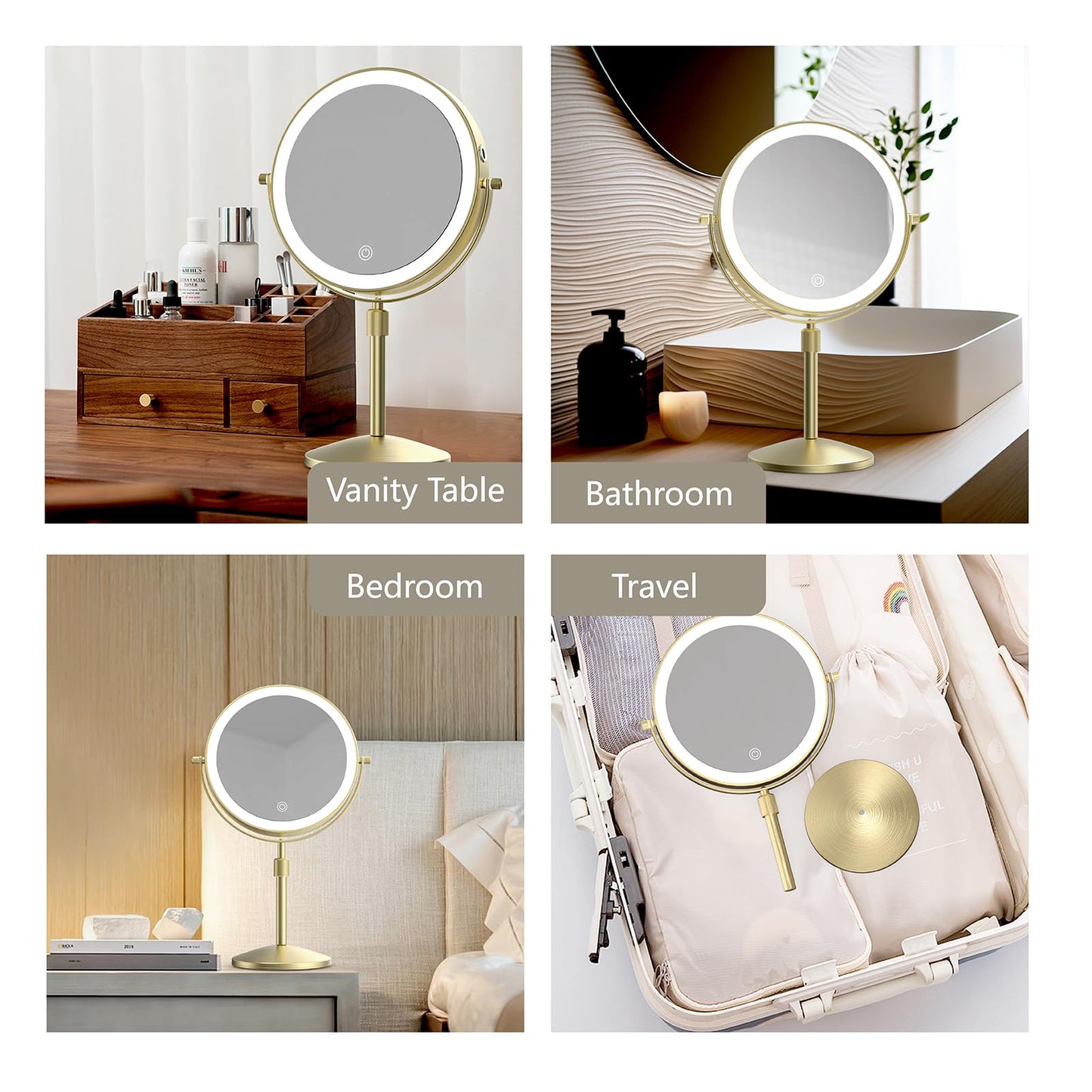 MIROAMZ 8" Lighted Makeup Mirror, 1X/10X Magnification Mirror with Lights, Double Sided Dimmable Mirror, Rechargeable & Brightness & Height Adjustable, Cordless Vanity Mirror(Gold)