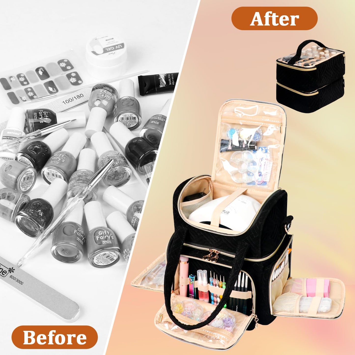 ahzske Nail Polish Organizer Bag Holds 70 Bottles& Nail Lamp, Velvet Nail Kit Storage Carrying Case with 2 Removable Pouches, Portable Nail Supplies Shoulder Bag for Manicure Tools (Elegant Black)