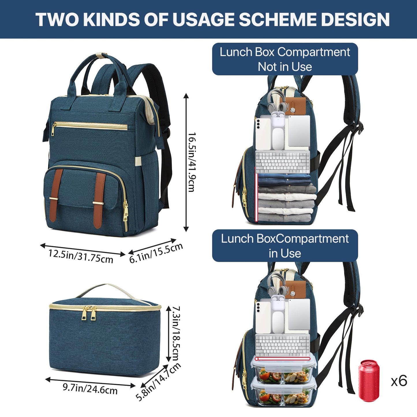 aocrin Lunch Backpack, 15.6 Inch Laptop Backpack with USB Port, Stylish Nurse, Teacher and Work Bag with Insulated Cooler Lunch Box for Women, Blue