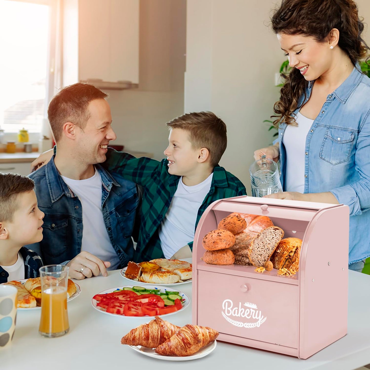 Olebes Bread Box, Metal Bread Box For Kitchen Countertop, Bread Storage Container Holds 2 Loaves Of Bread, High Capacity Breadbox, Bread Holder Suit Farmhouse Kitchen Decor For Counter (Pink)