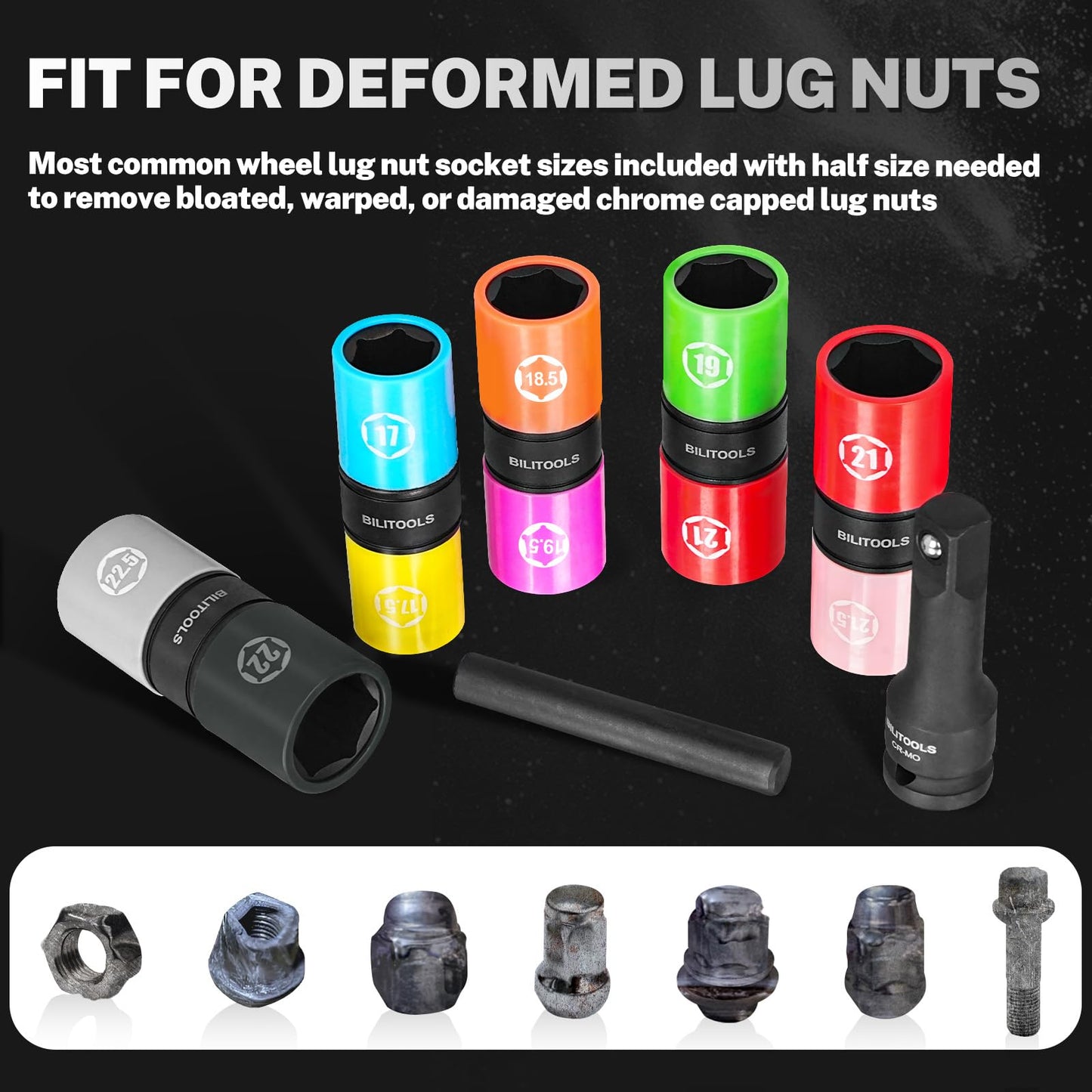 BILITOOLS Half Sizes Lug Nut Socket Set, 1/2" Thin Wall Impact Flip Sockets for Wheel lug Nuts with Non-Marring Sleeves, 17/17.5, 18.5/19.5, 19/21, 21/21.5, 22/22.5mm, Knockout Bar & Extension