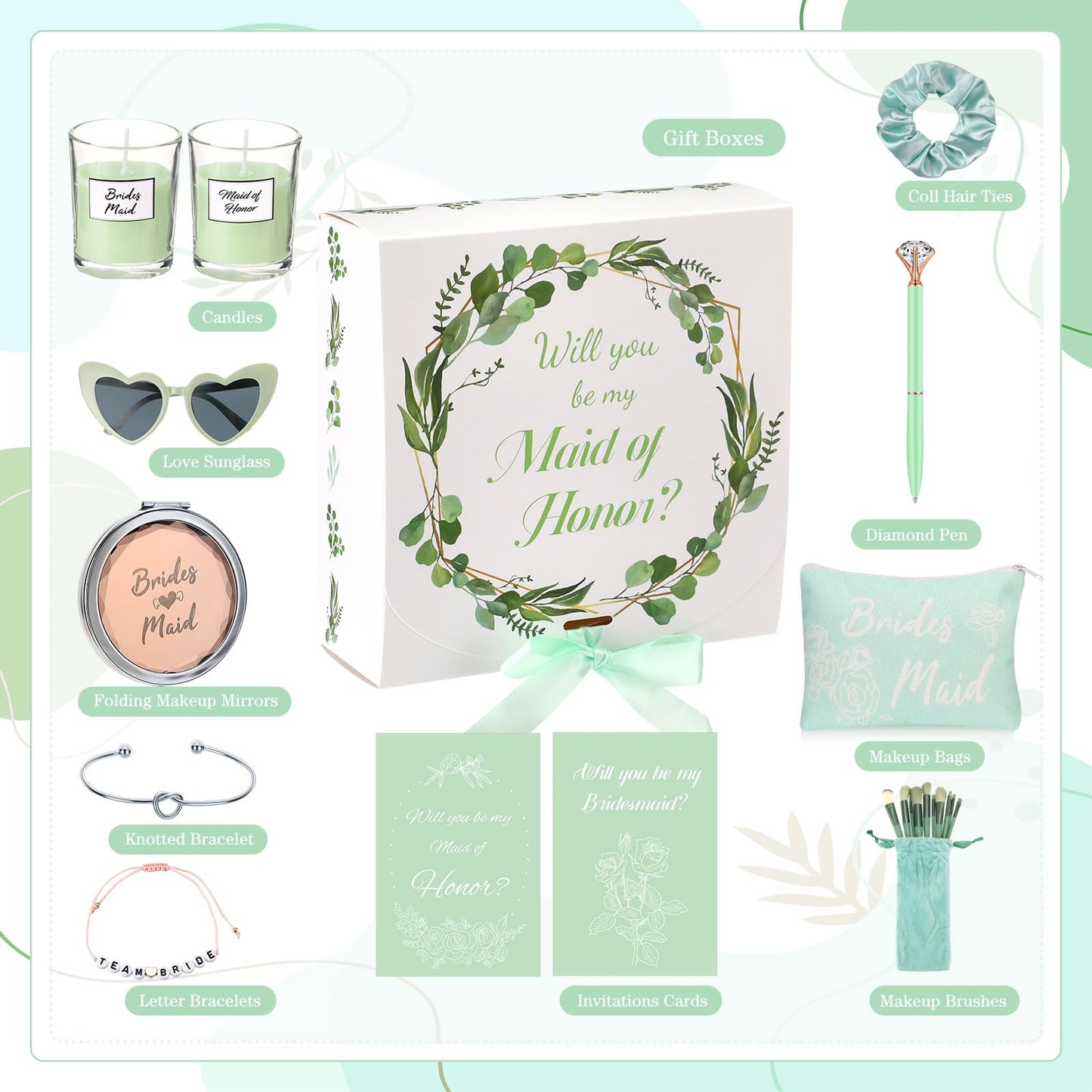 Nuogo 88 Pcs Bridesmaid Proposal Gifts Maid of Honor Gift Bridal Shower Gifts Cosmetic Makeup Bags Invited Cards Knotted Bracelets Scrunchies Hair Diamond Pens Favors for Wedding(Green, Modern)