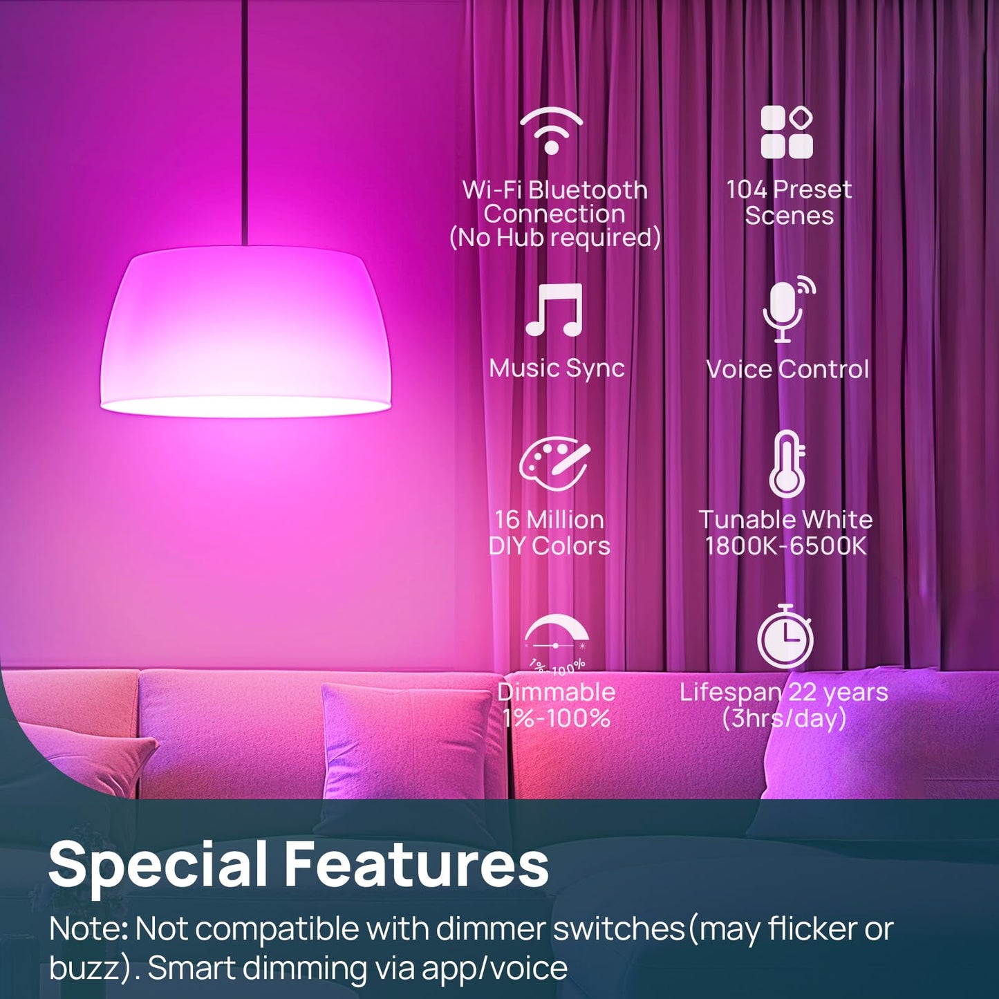 Linkind Smart Light Bulbs, 1600LM (100W Equivalent) Smart Bulb, Compatible with Alexa, RGBTW Color Changing Bulb Music Sync, 2.4GHz Wi-Fi & Bluetooth, LED Alexa Light Bulbs 14W, A21 E26, 6Pack
