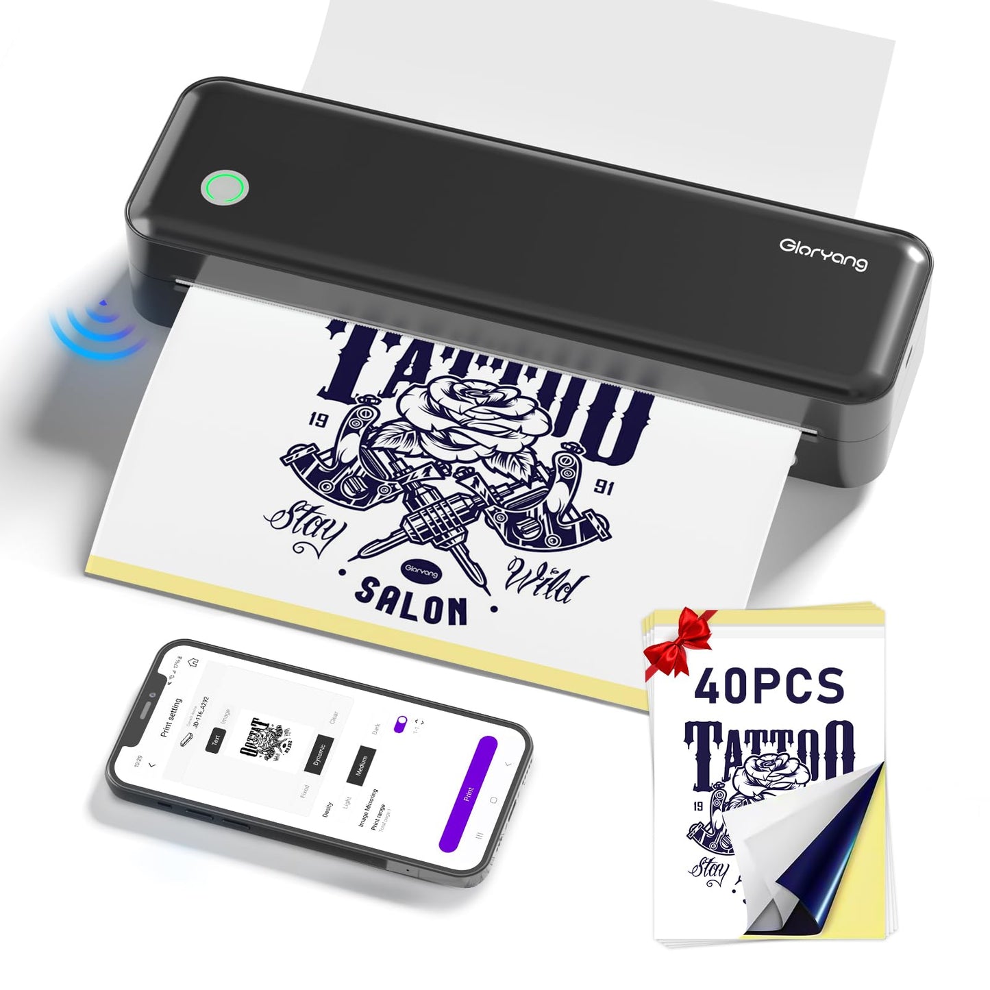 Gloryang Wireless Tattoo Transfer Stencil Printer, Portable Thermal Tattoo Machine for Tattoo Beginners with 40pcs Stencil Paper, Compatible with Smartphone & PC, Rechargeable & Inkless, Black