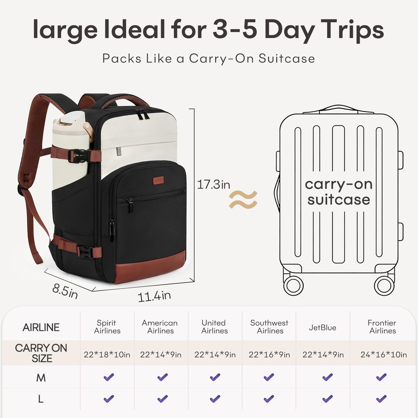 mibasies 30L Travel Backpack for Women & Men: Flight Approved Carry On Backpack, TSA Personal Item Bag with Water Bottle Pocket, Weekender Essentials Backpacks fits 15.6" Laptop - Black White Brown