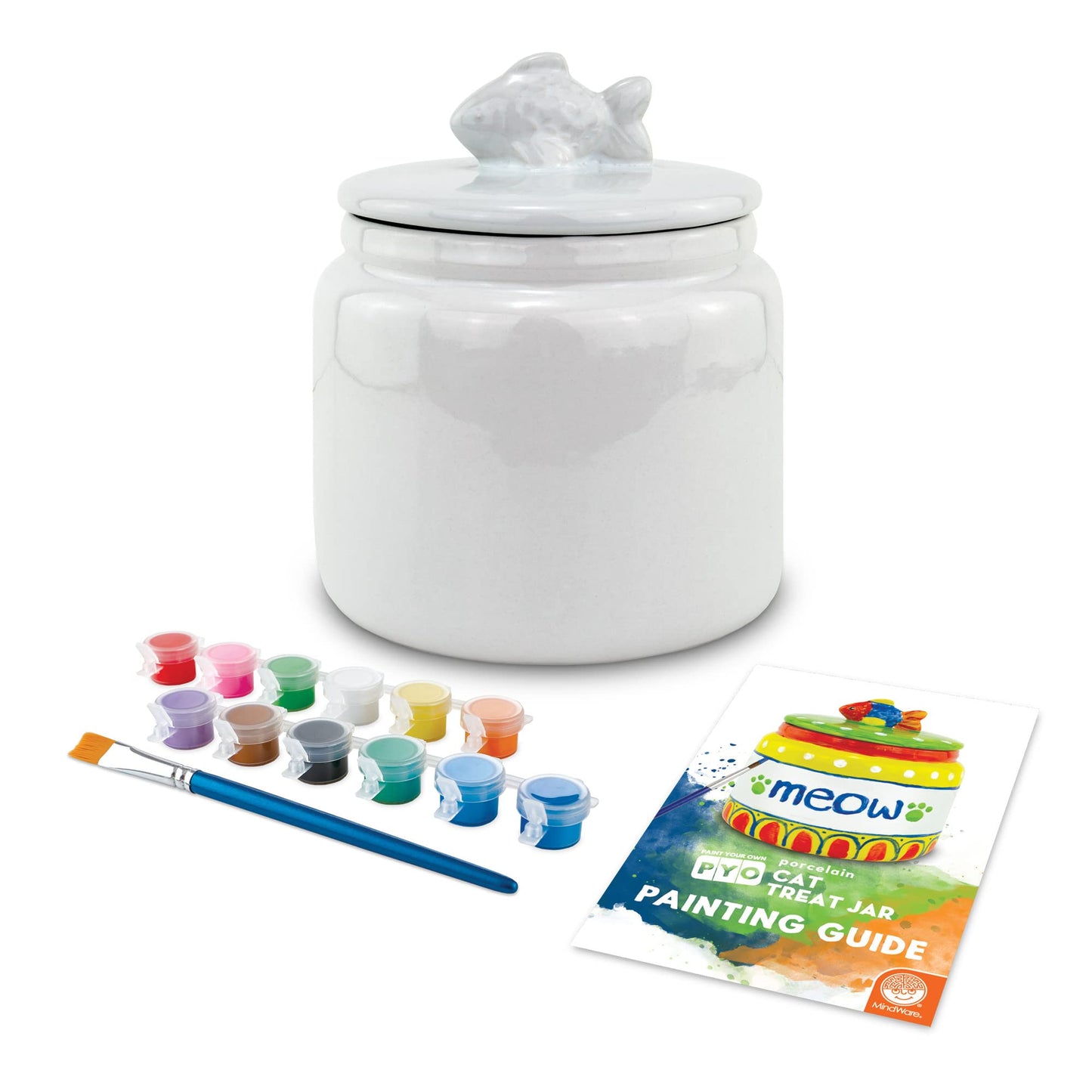 MindWare Paint Your Own (PYO) Cat Treat Jar Craft Kit for Kids - Includes Porcelain Treat Jar, Paint, Brushes and Instructions