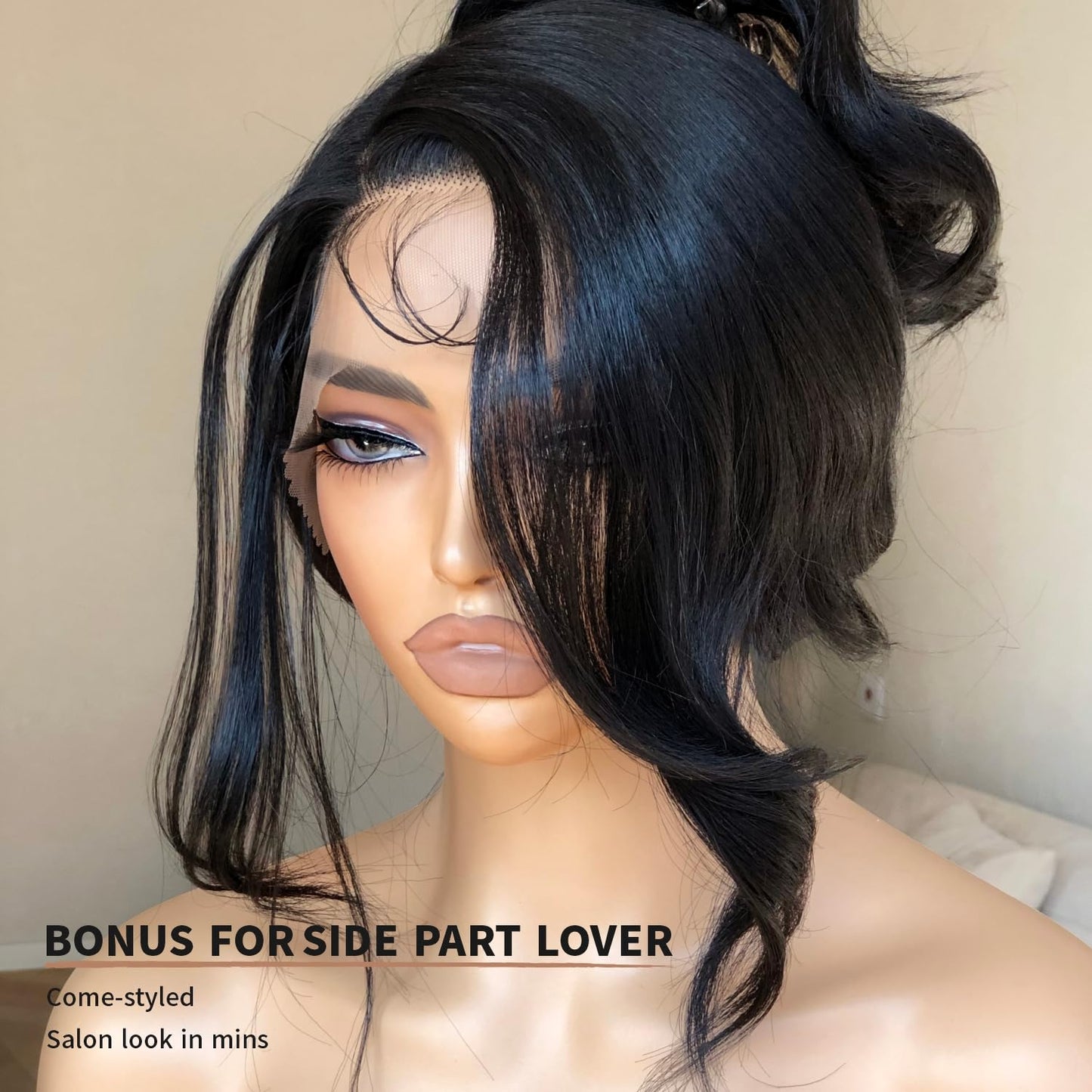 BrownBomb Bombshell Body Wave Wig, Synthetic Lace Front Wig Pre Plucked Glueless Ready to Wear, 13X5X1 Side Part HD Lace Wigs for Women 24inch, 1B Jet Black Wig Human Hair Luster