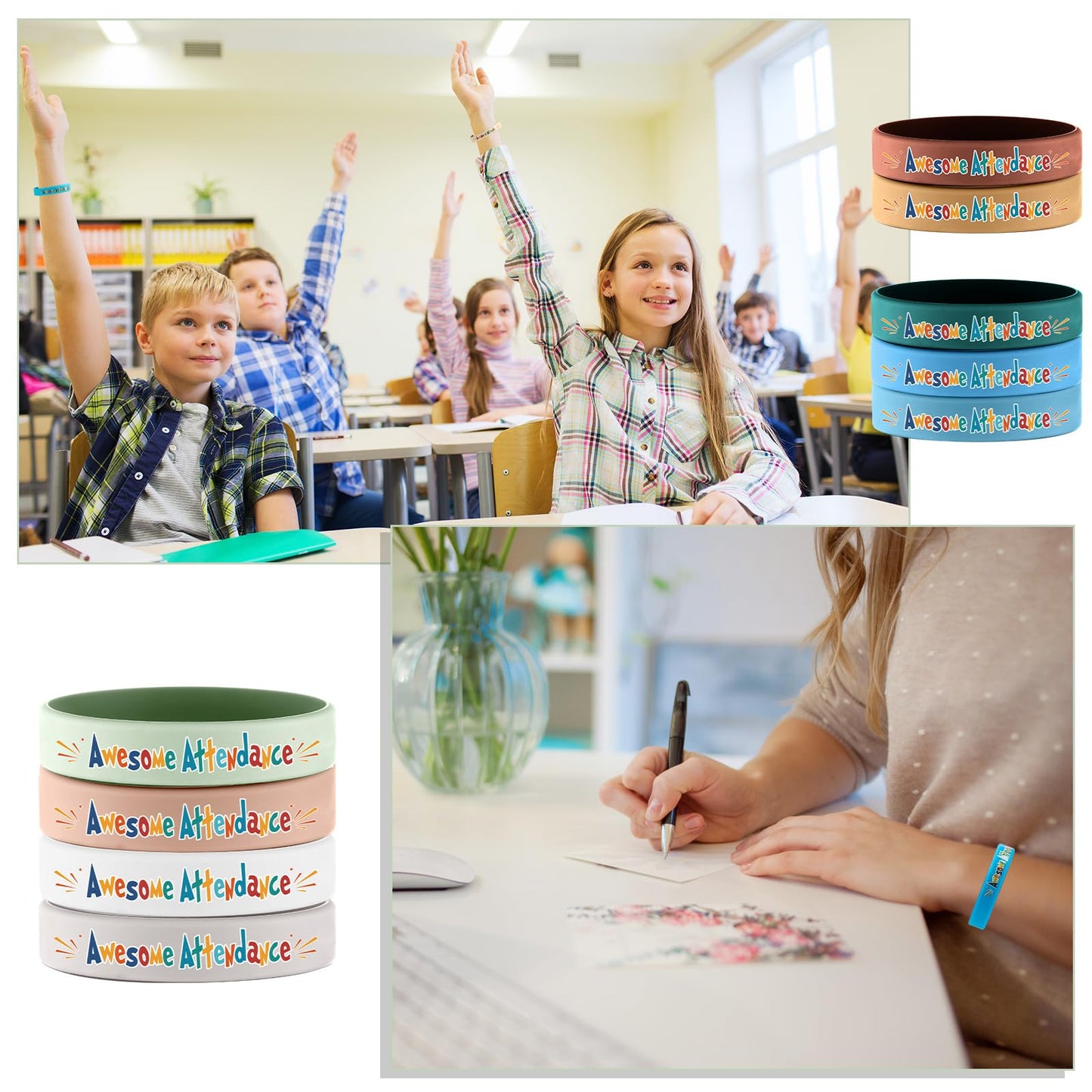 Dunzoom 200 Pcs Awesome Attendance Wristbands for Students, Perfect Attendance Awards for Classroom Prizes, Unisex Stretch Silicone Motivational Wristbands for Student from Teacher Classroom Prizes