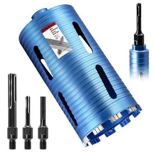 DaduoRi 5" Dry Core Drill Bit, 5/8"-11 Thread, with 3 Adapters Included: SDS Plus, SDS Max and 1/2" Hex Abor, 9.5" Drilling Depth Diamond Concrete Core Bits for Brick, Block, Stucco, Masonry