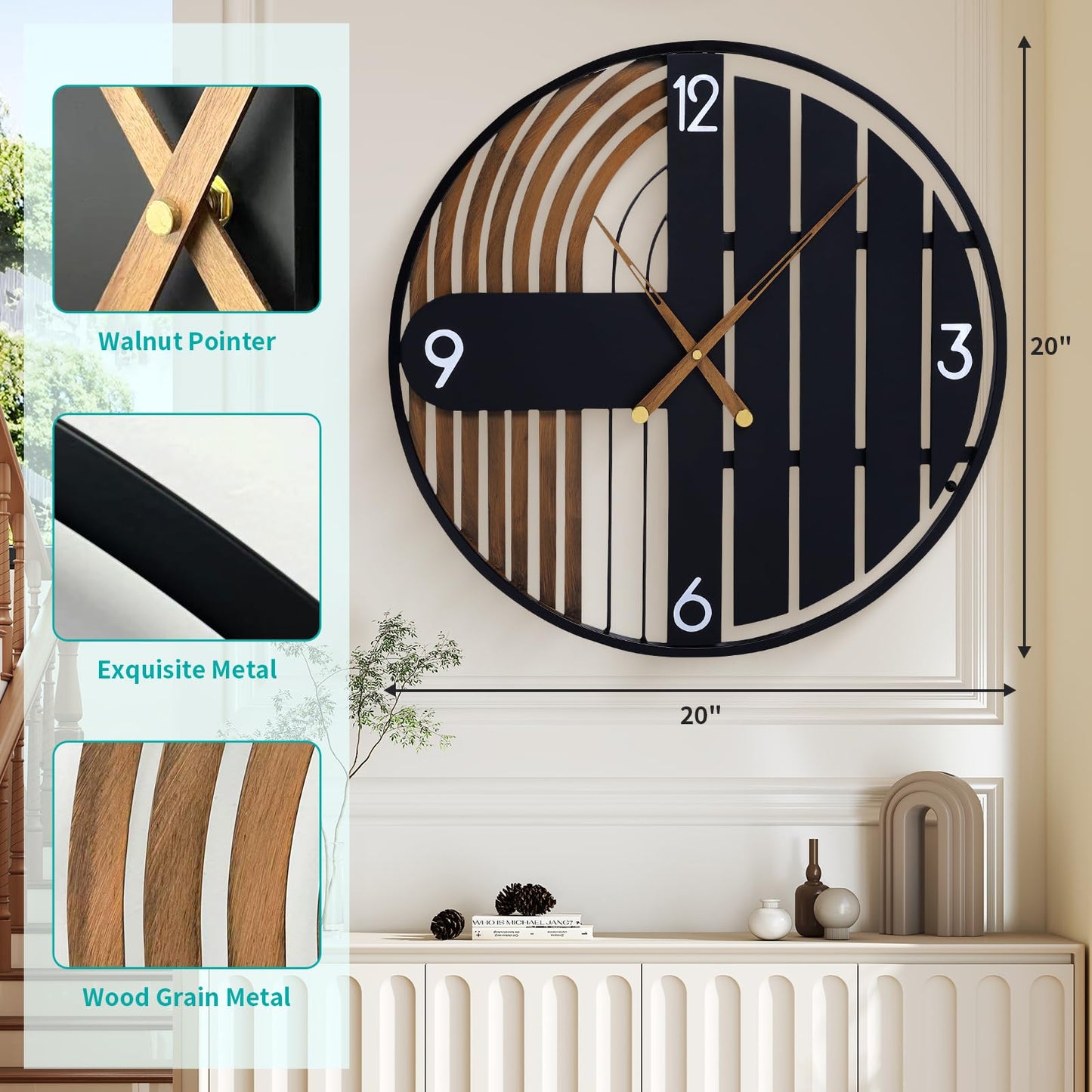 XGGJWW 20 Inch Round Wall Clock Wood Silent Non-Ticking Battery Operated, Rustic Farmhouse Decorative Clocks for Home Decor, Kitchen, Living Room, Bedroom, Office