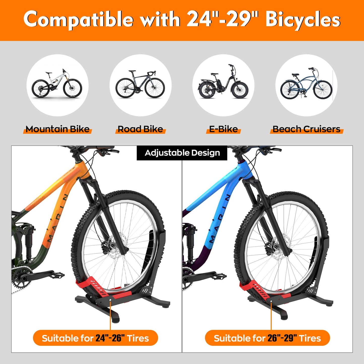 ALIXUEQIN Bike Stand Floor, Portable Bike Storage for Garage - Fit for 24"-29" Bikes, Tire Width up to 3.5", Road & Mountain Bicycle Stand, Front and Rear Wheel Parking Rack - Red