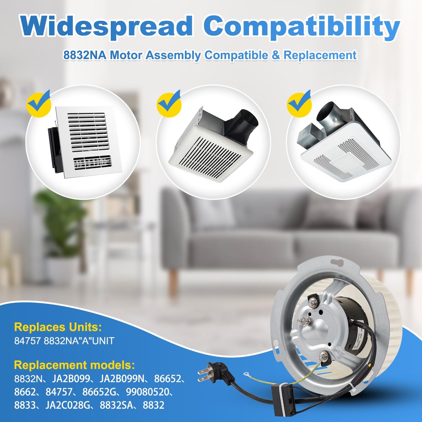 2025 Upgraded 8832N 8832NA A Unit Blower Motor Compatible with Nutone Replacement 84757 JA2B099N JA2B099 86652G 86652 8662 JA2C028G 99080520 8832 8832SA 8832N 8833 Bathroom Fan Motor