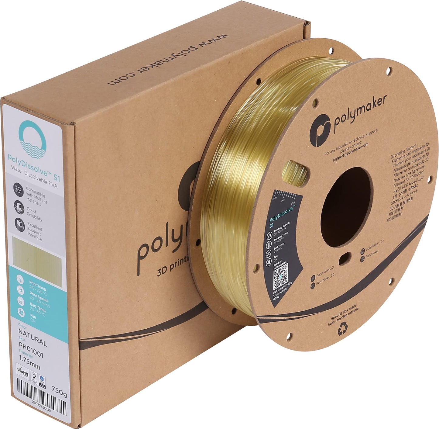 Polymaker PolyDissolve S1 PVA Filament, 1.75mm, 750g, Water Soluble Support for PLA/TPU/PVB/Nylon 3D Printer Filament
