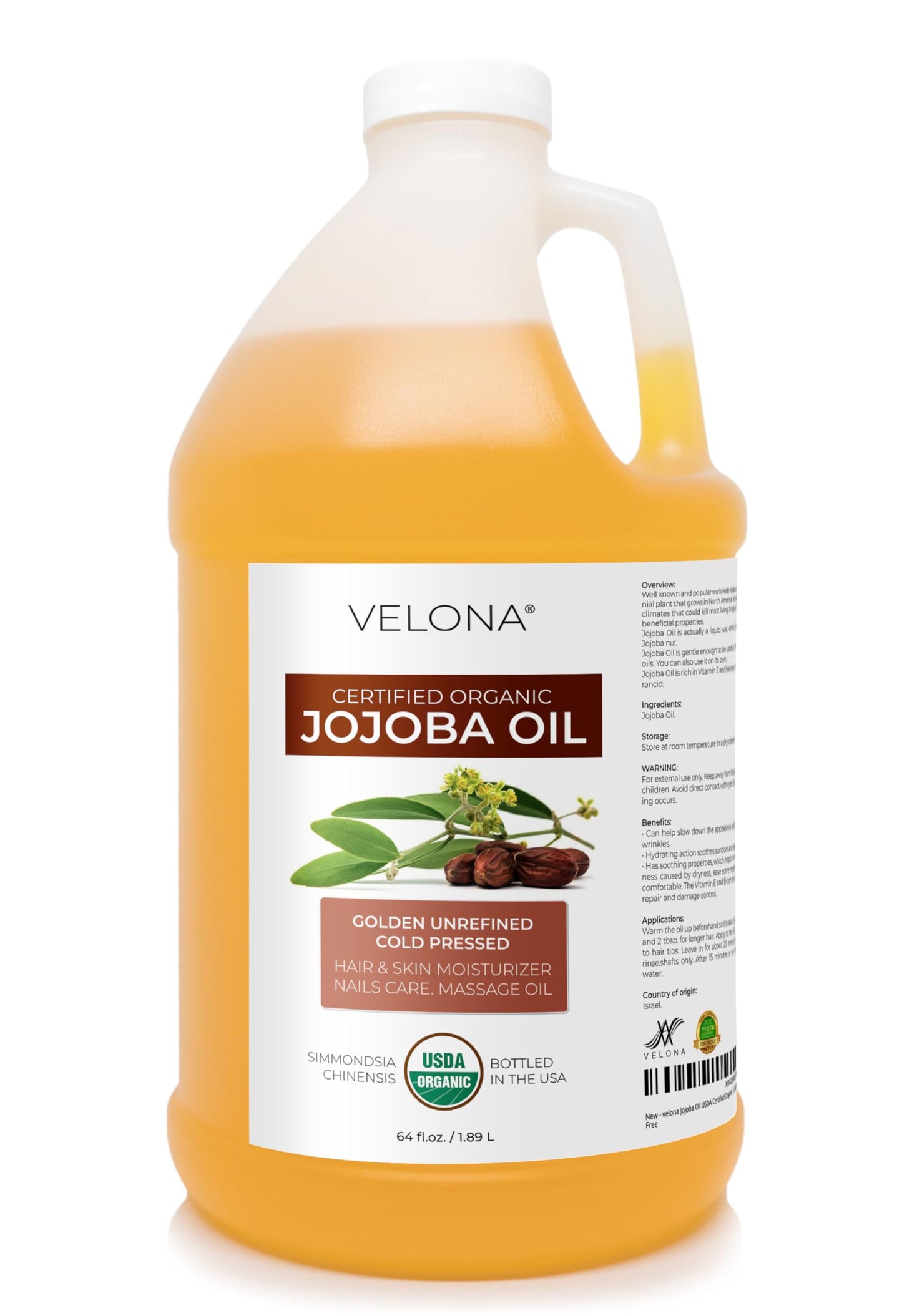 velona Jojoba Oil USDA Certified Organic - 64 Fl Oz | 100% Pure and Natural Carrier Oil| Golden, Unrefined, Cold Pressed, Hexane Free