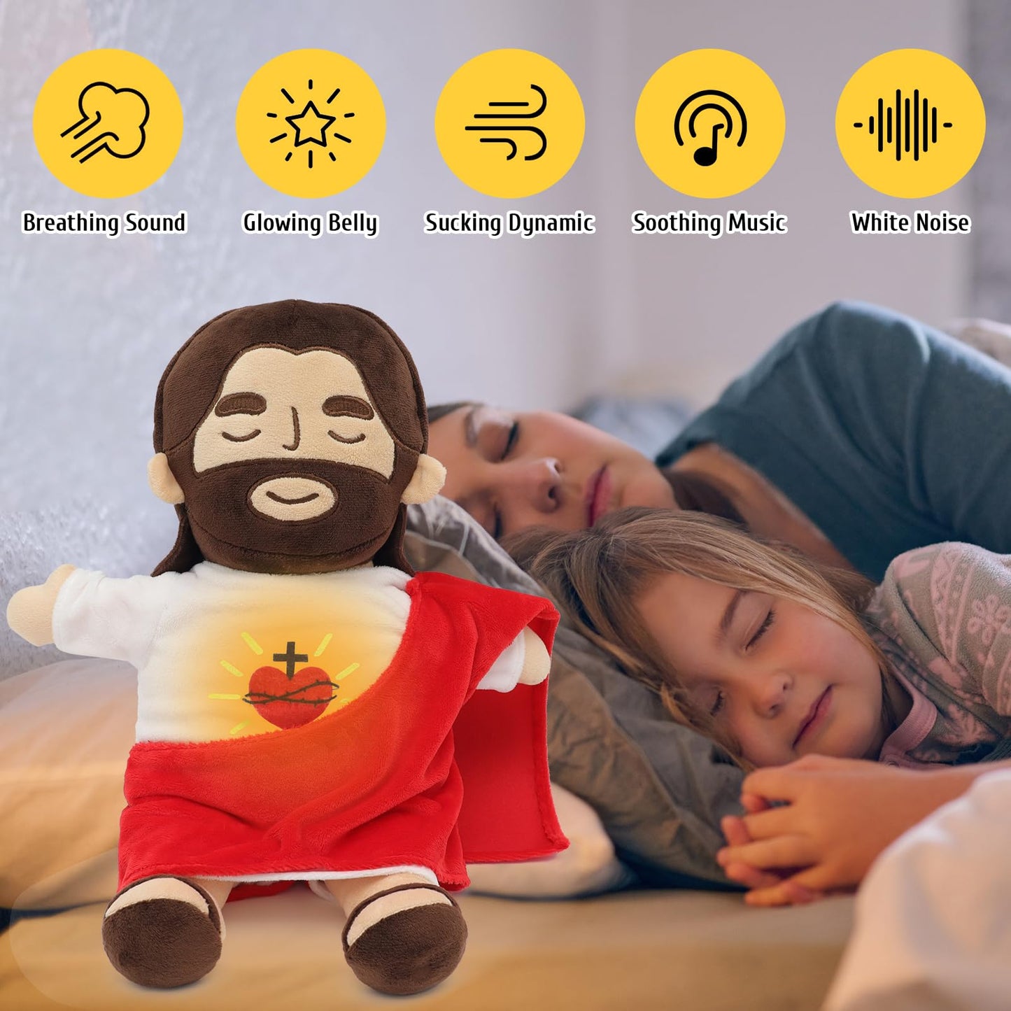 Yelakey Officially Jesus Plush Breathing Soothing Stuffed Animal Heart of Jesus Toy Savior Doll for Church Sunday School Religious Easter Gift (Brown)