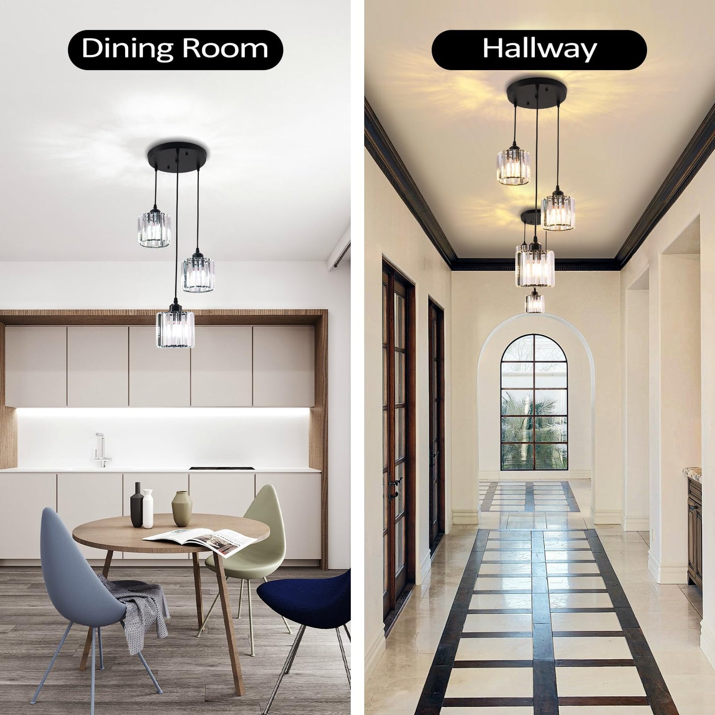 Cainjiazh Crystal Pendant Lights Round Ceiling,Modern Crystal Chandeliers Hanging Light Fixture for Kitchen Island,Adjustable Chandelier for Dining Room,Foyer,Living Room Entryway Black 3 Lights