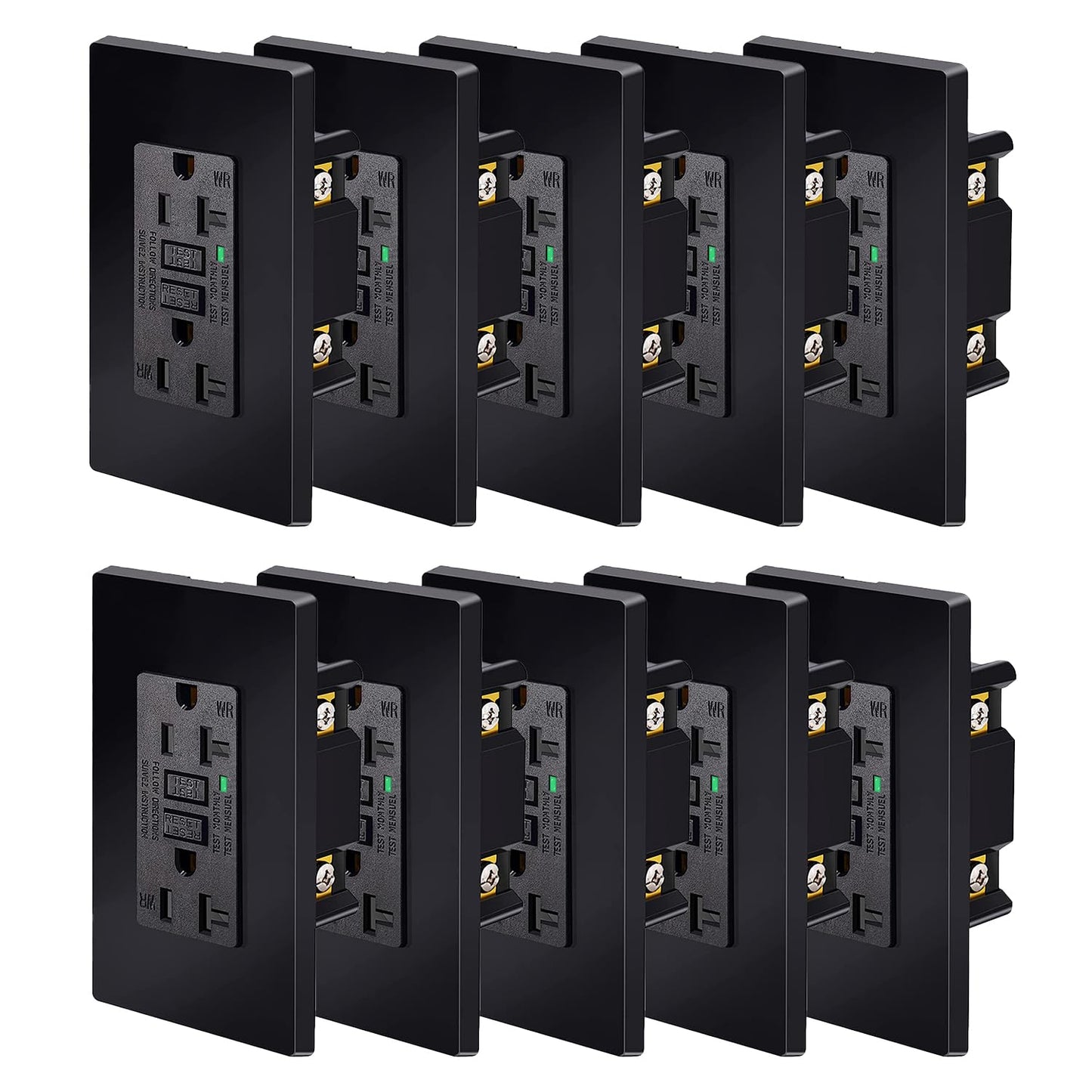 Black GFCI Outlet 20 Amp,NineLeaf 20A GFI Dual Receptacle, WR Weather Resistant, Ground Fault Circuit Interrupters, Screwless Wall Plate Included, ETL Listed, 10 Pack