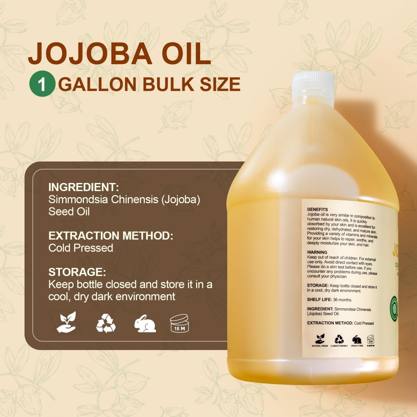 Yoken 1 Gallon Jojoba Oil EWG Verified - 100% Pure Jojoba Oil Bulk Cold Pressed Unrefined Hexane Free Virgin Golden Jojoba Carrier Oil for Hair Skin Massage DIY Natural Body Moisturizer
