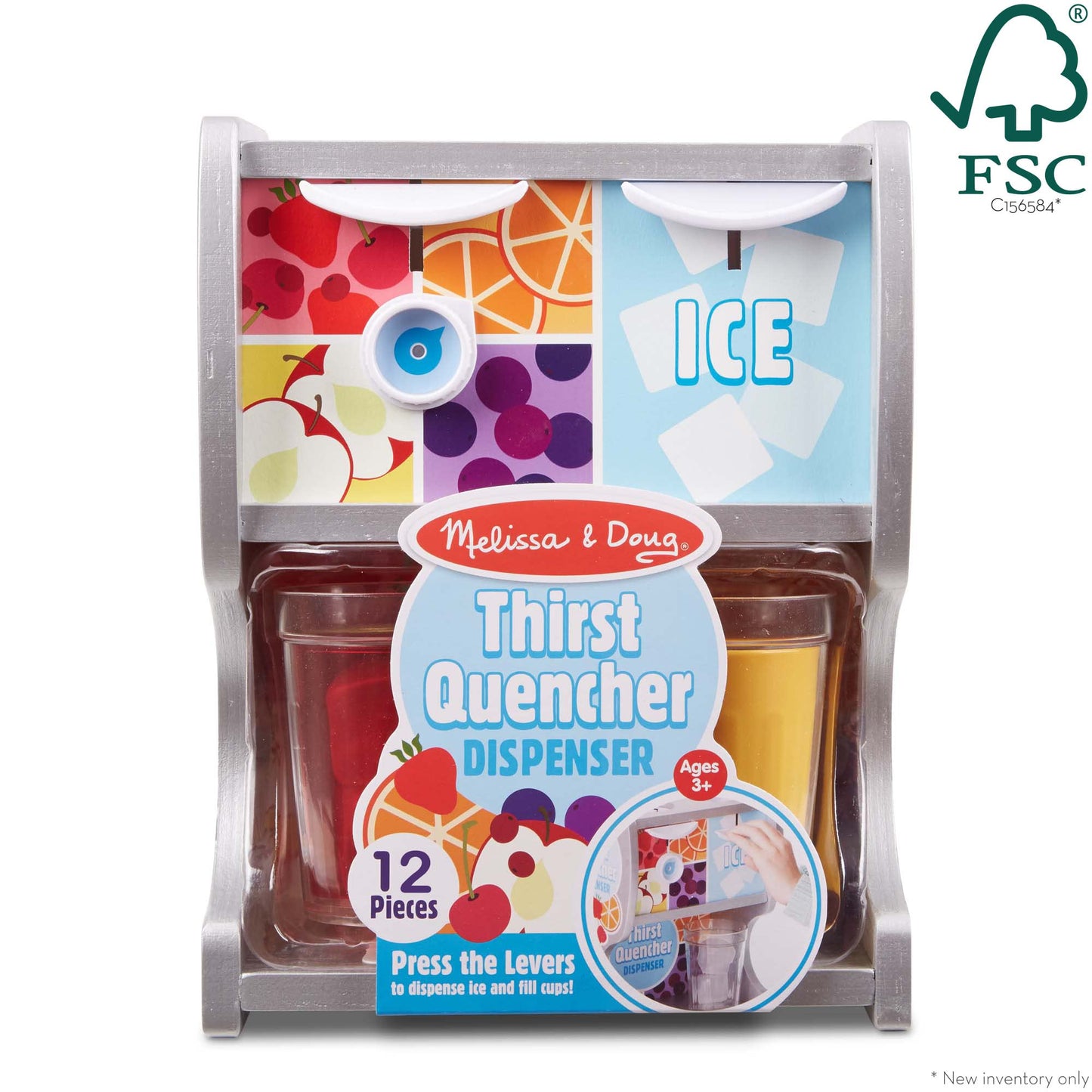 Melissa & Doug Thirst Quencher Wooden Drink Dispenser Pretend Play Set with Cups, Juice Inserts, Ice Cubes - FSC CertifiedPretend Play Soda Fountain, Food Sets for Kids Kitchen, for Kids Ages 3+