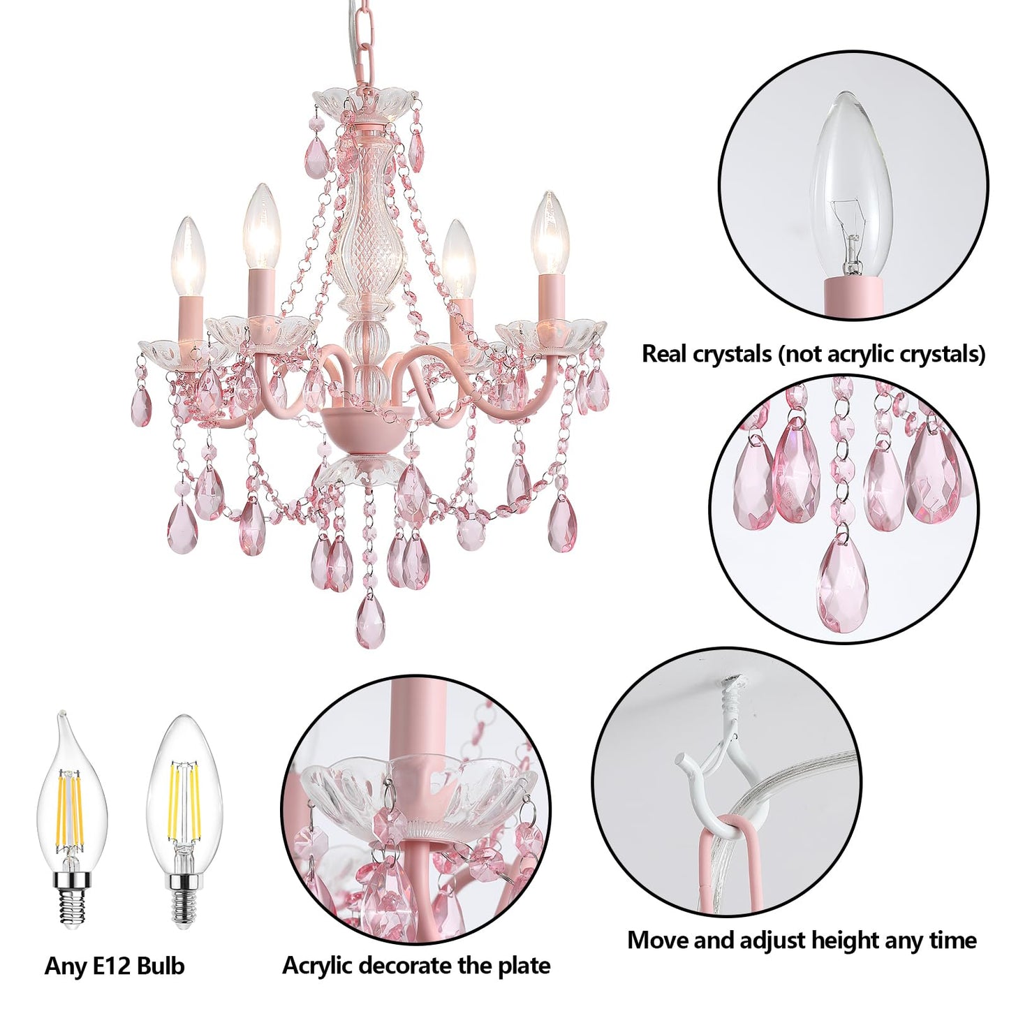 Plug in Crystal Pink Chandelier, Not acrylic Crystal,Mini 4 Lights for Girls Room,Pink Crystals Hanging Pendant Light with Clear Cord and On/Off, Chandelier for wedding, Kitchen, Dining,Foyer,Island