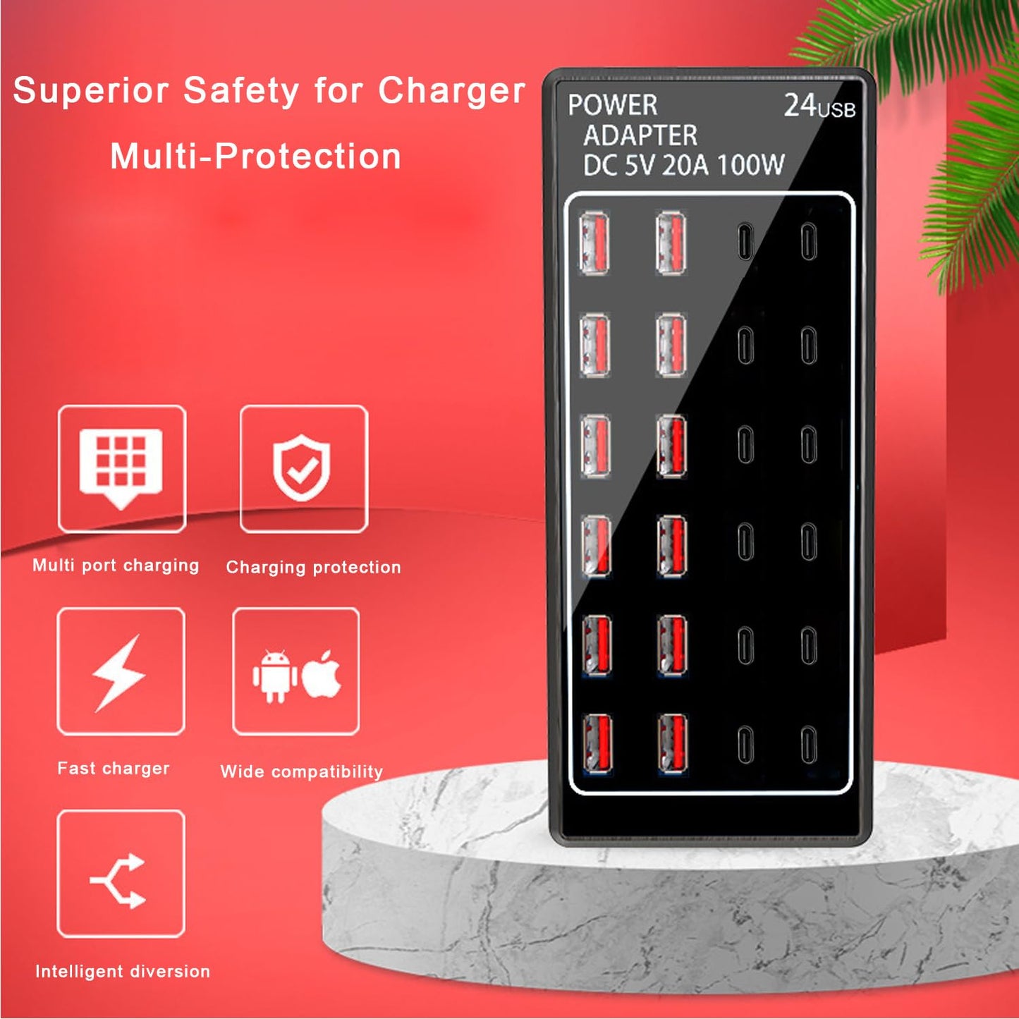 USB Charger, USB C Charger Block, 100W (20A) 24 Port Multiple USB Charger Station Desktop USB Wall Charger 12 USB C 12 USB A Compatible for Apple iPhone, iPad, Samsung Galaxy, Laptop, Pixel, Phones
