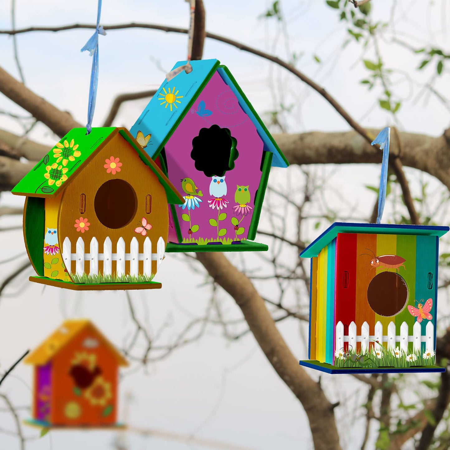 Kisston 120 Pcs Wooden Birdhouse Kits for Kids to Build and Paint DIY Bird Houses for Children Bird House Crafts in 6 Shapes and Stereoscopic Butterfly Sticker for Art Project Crafts Class Party
