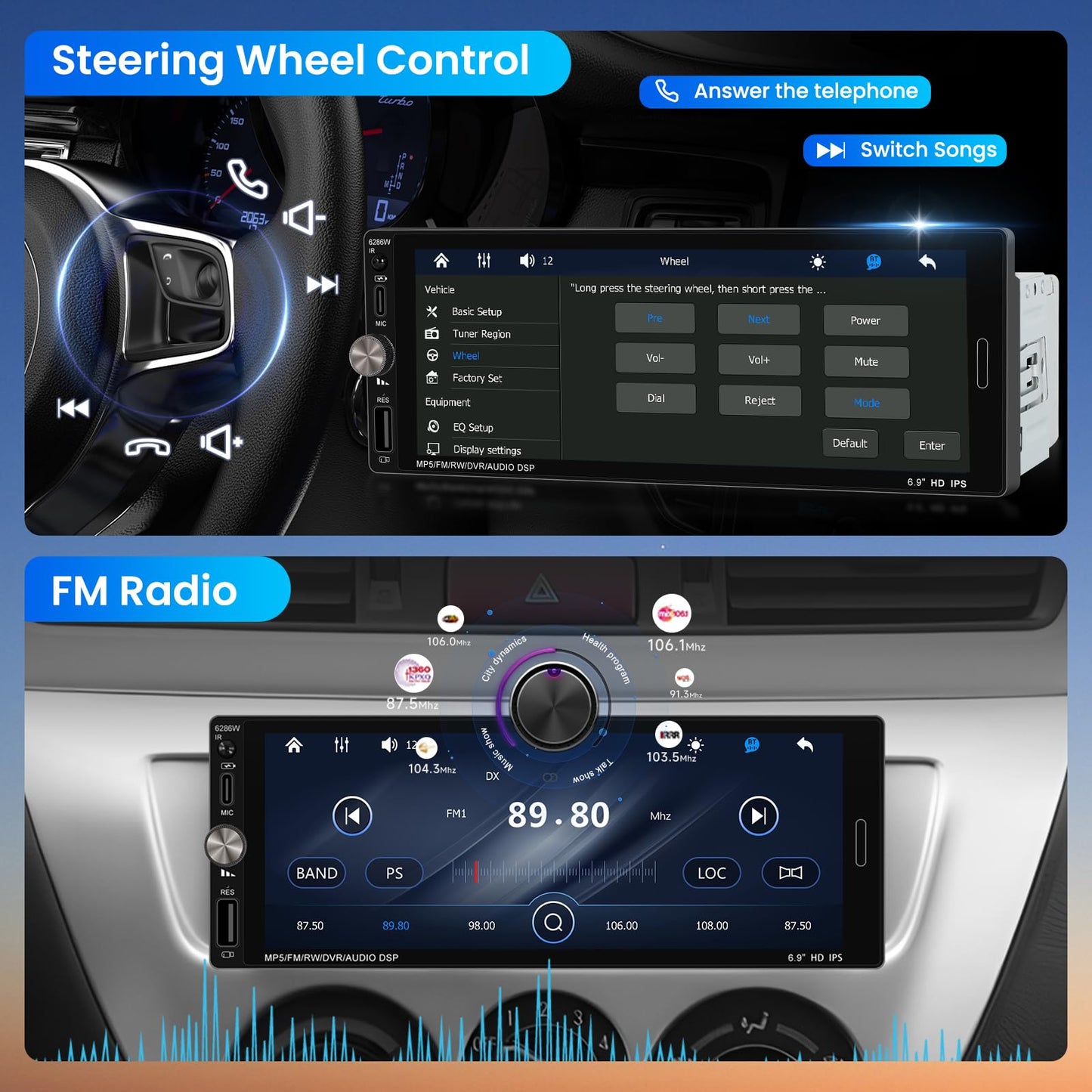 Single Din Car Stereo with Wireless CarPlay Android Auto Mirror Link, Driauto Car Radio Bluetooth Handsfree Headunit 6.9 Inch 1 Din IPS Touch Screen FM Type-C USB Charging EQ SWC with Reverse Camera