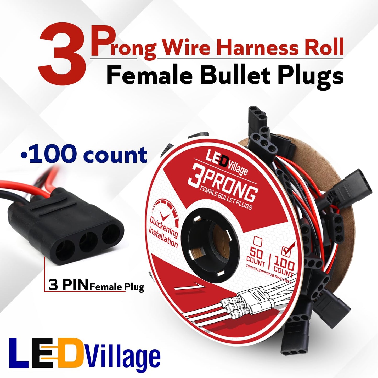 Ledvillage 100 Counts of 3 Prong Female Bullet Plug Wiring Harness Continuous Wire Harness Roll (6.5" Lead Spacing Between Plugs) 3 Prong Socket Plug