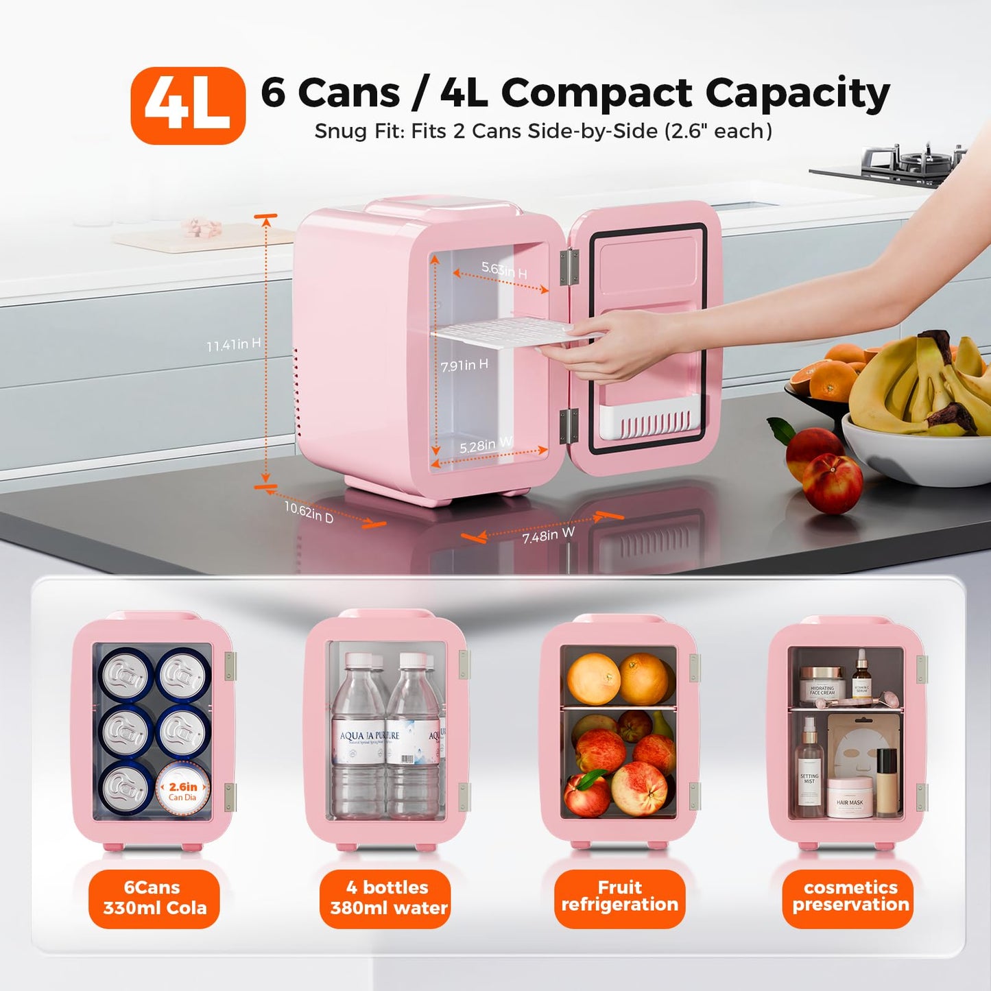 YASHE Mini Fridge, 4 Liter/6 Can Mini Makeup Fridge, 110V AC/ 12V DC Portable Thermoelectric Cooler&Warmer for Skincare, Drink, Cosmetic, Medicine, Small fridge for Bedroom, Office, Dorm, Car, Pink