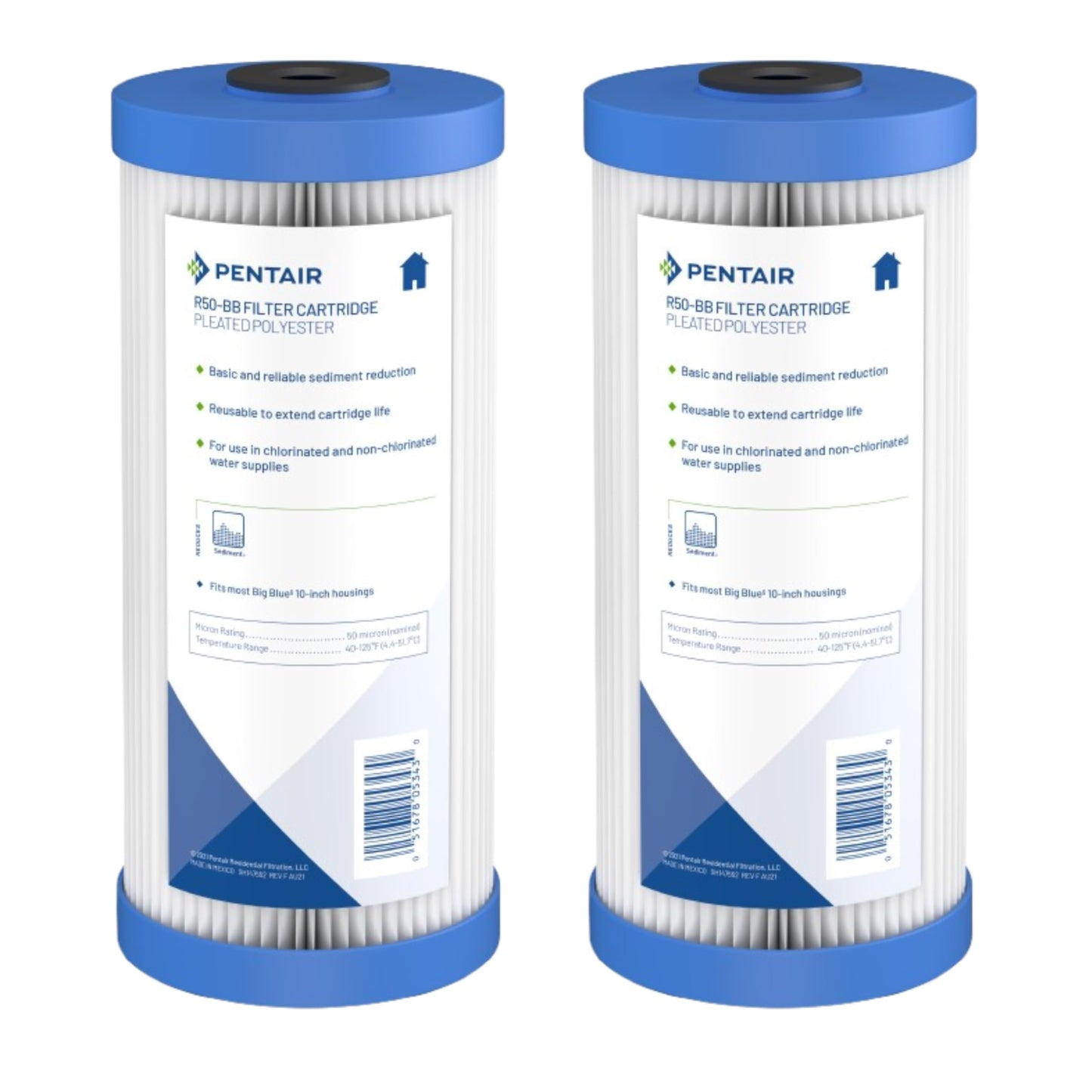 Pentair Pentek R50-BB Big Blue Pleated Polyester Sediment Water Filter, 10" x 4.5", 50 Micron, Whole House Reusable Cartridge, Pack of 2