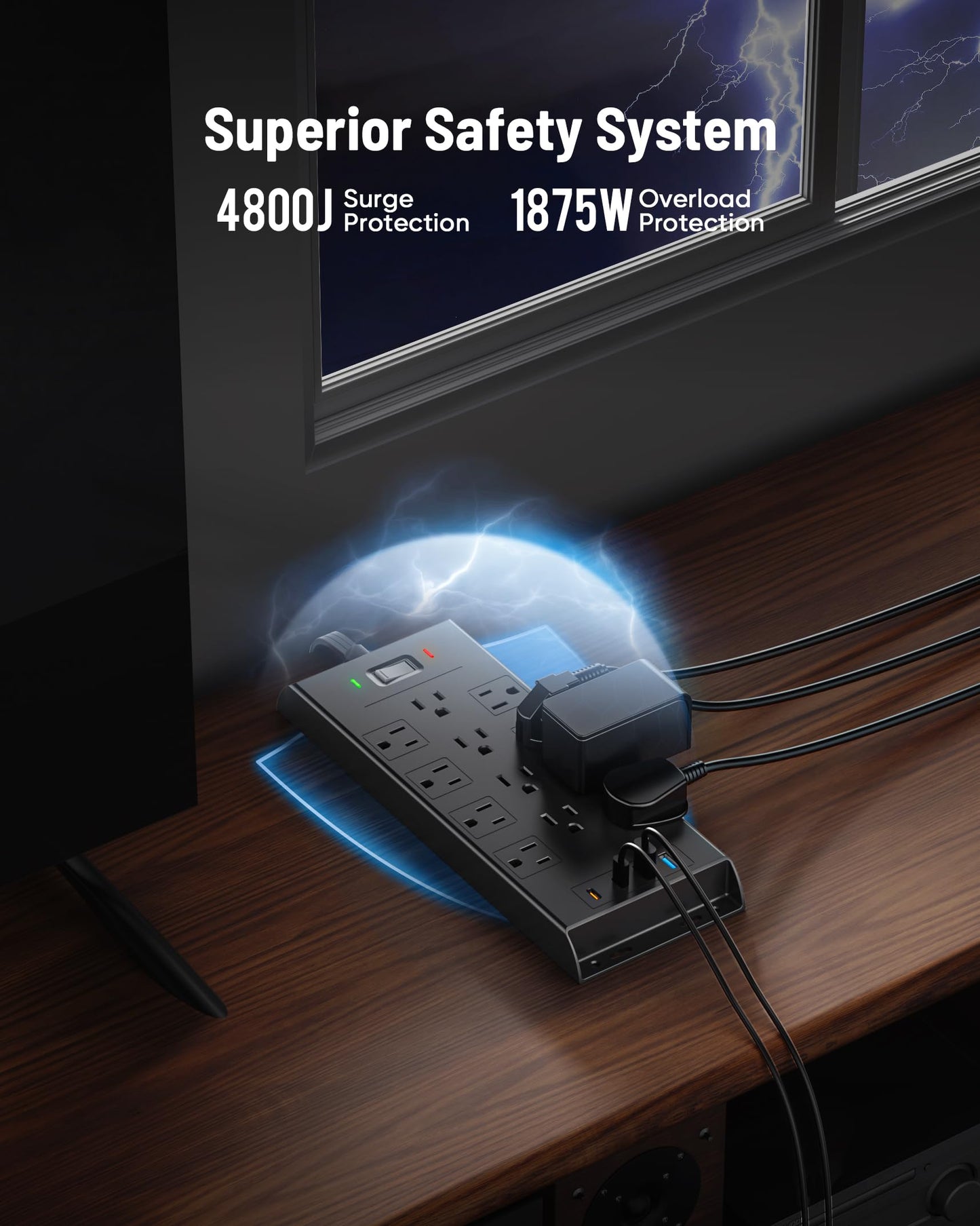 Surge Protector Power Strip 4800J, LeZone 15Ft Long Extension Cord Flat Plug, 12 Outlets 2 USB C 2 USB Ports, Wall Mountable, 20W Desk Charging Station, Black