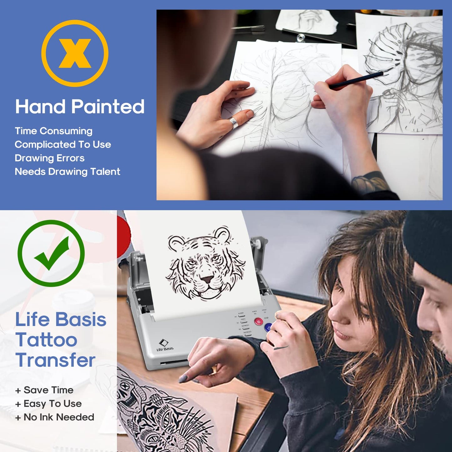LifeBasis Tattoo Transfer Stencil Machine Professional Thermal Tattoo Stencil Printer with Tattoo Transfer Paper 20 Sheets Tattoo Printer Kit for Men