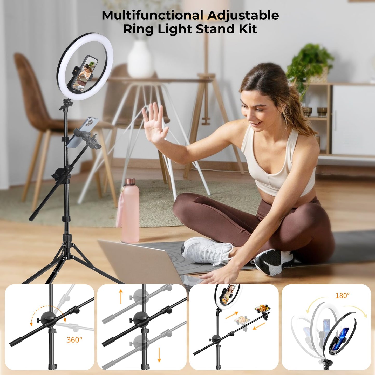 Aureday 12″ Selfie Ring Light with Stand & Extendable Arm-Overhead Ringlight Tripod for iPhone with Mic Mount & 2 Phone Holders, Circle Lighting for Tiktok/Live Streaming/Video Recording/Music/Cooking