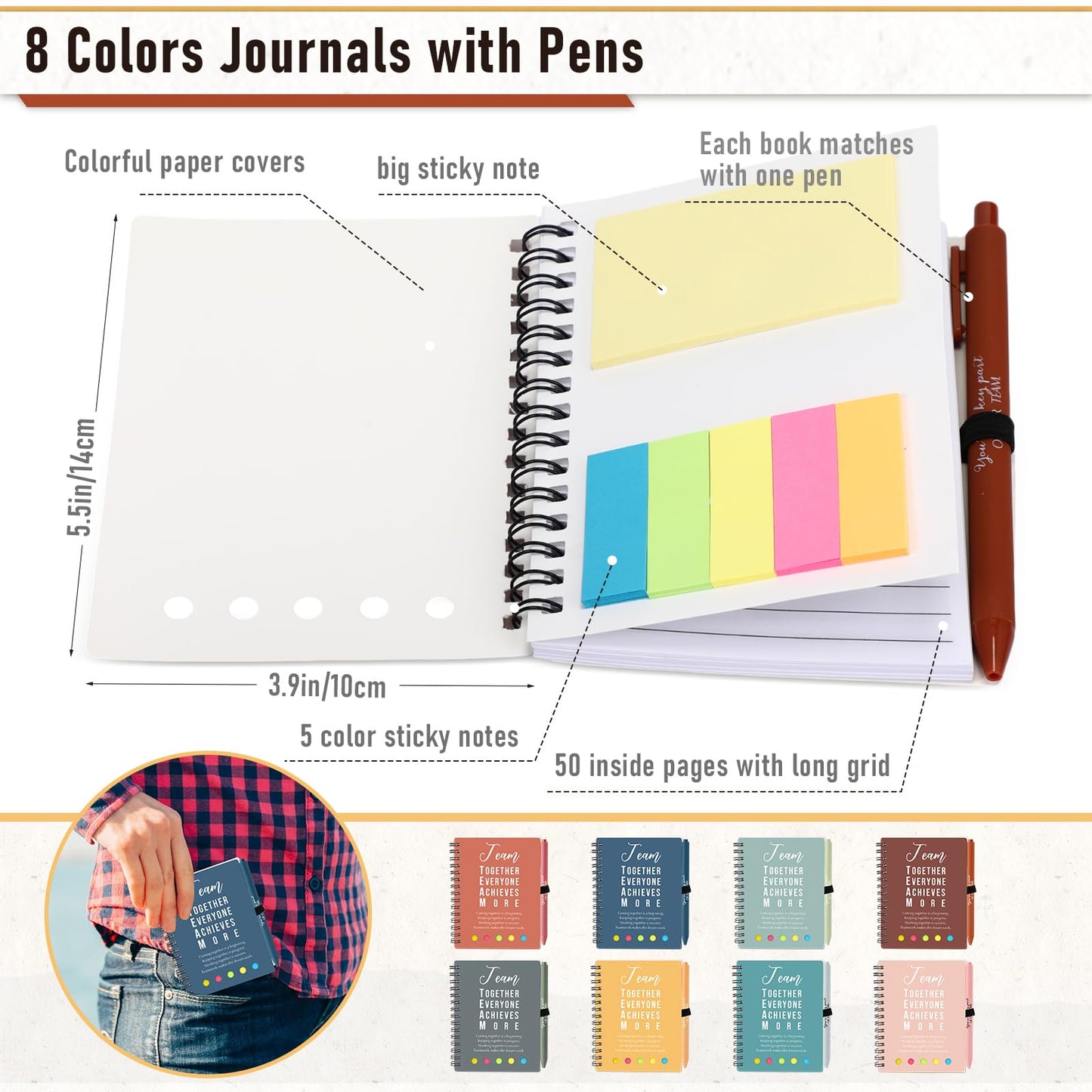 Resurhang 48 Pcs/24 Set End of The Year Teacher Appreciation Gifts Graduation Gift A6 Spiral Notebook with Ballpoint Pen Inspirational Journal for Staff Cna Week Gift(Bright Color,Team Together)