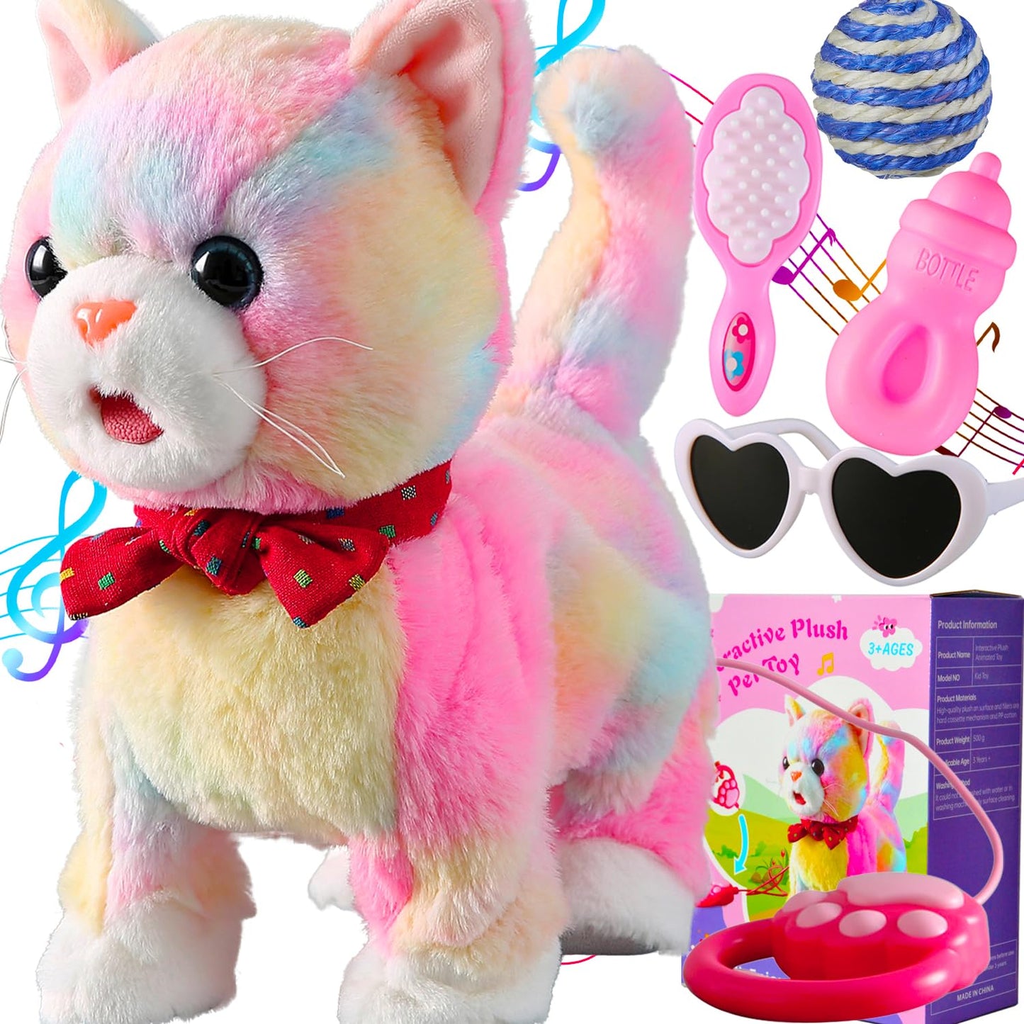 Marsjoy Colorful Leash Walking Cat Set Singing That Purrs and Meows Stick Out Tongue Animated Plush Robot Kitten Pet Moving Plush Realistic Stuffed Animal Remote Control Cute Robotic Kitty Toy