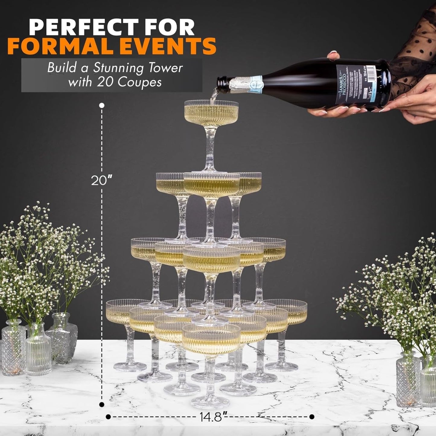 Ksestor ACRYLIC Champagne Tower - 7oz. Set of 20 Champagne Flutes Plastic - For Weddings & Parties - Plastic Coupe Glasses - Clear