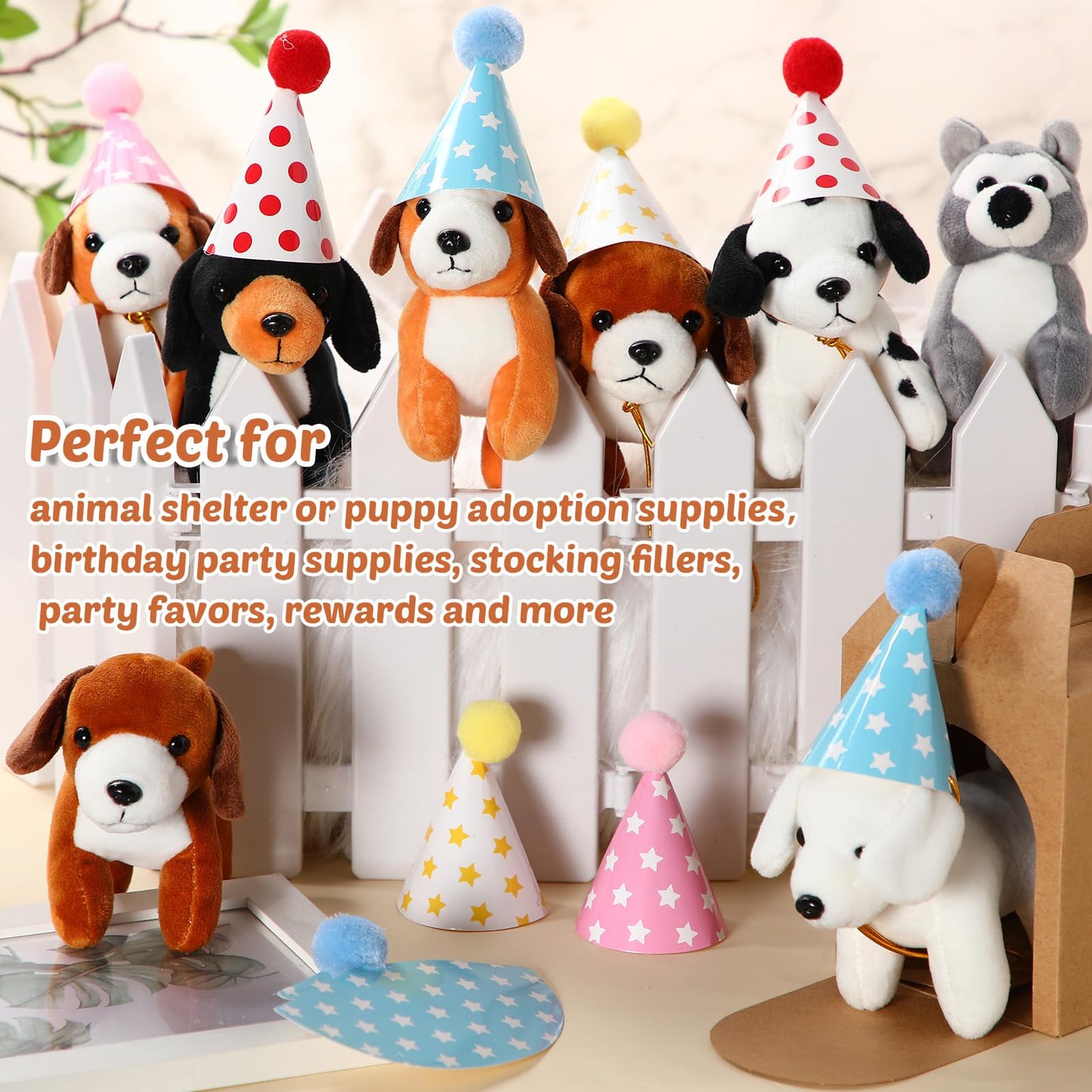 Simgoing 12 Set Mini Plush Toy Stuffed Animals Adopt a Dog Set with 12 Stuffed Dogs 12 Kraft Paper Boxes 12 Birthday Hats for Boys and Girls Animal Theme Birthday Party Favors(Brown)