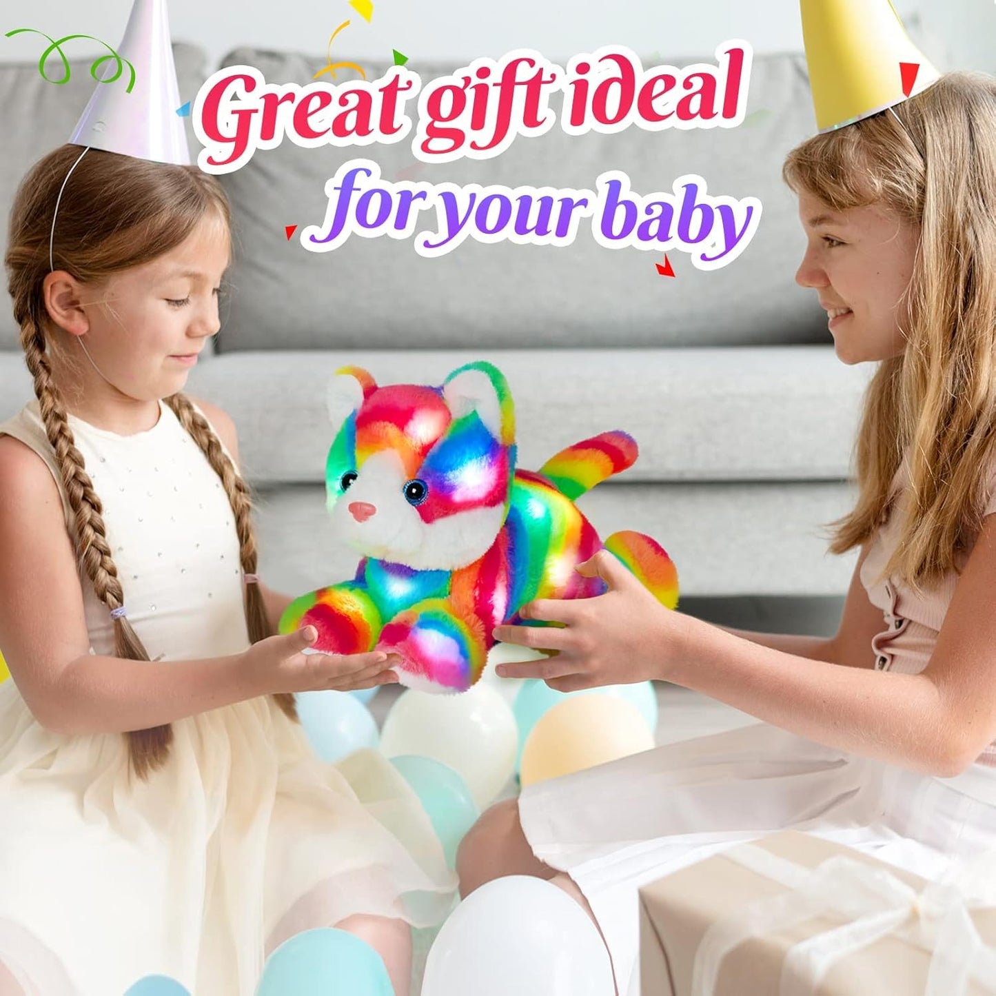 Glow Guards 13'' Light Up Rainbow Cat Plush Toy with LED Night Light & Lullaby for Kids, Soft Stuffed Animal Christmas & Birthday Gift (Cat_led)