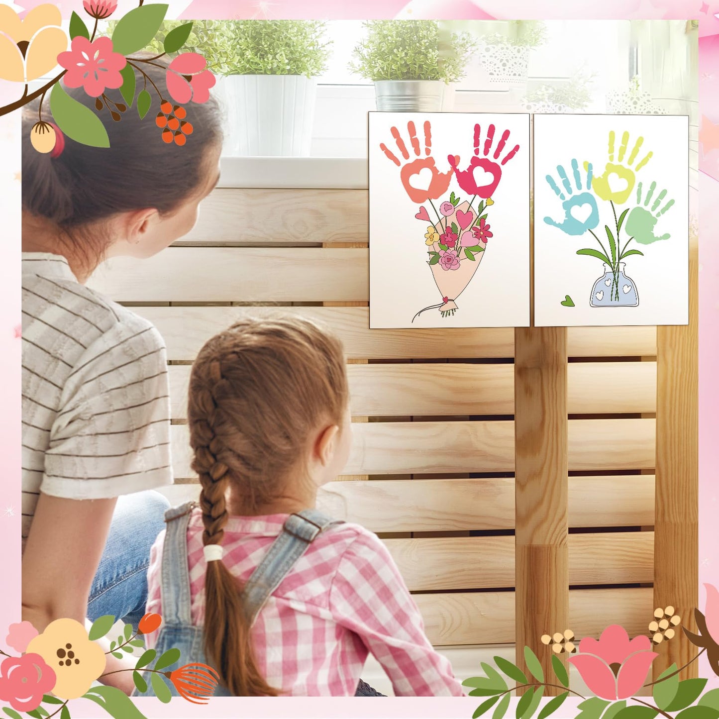 Motipuns 6sets Flower Bouquet Handprint Art Craft DIY Kit Customized Mothers Day Gift Handprint Ornament Kit Personalized Handprint Flowers Frame Sign for Mother Grandma Birthday Gift
