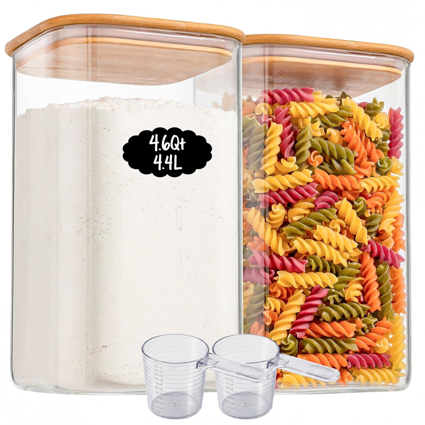 Xoniwis 2-Pack 4.6Qt Large Glass Flour Sugar Storage Containers with Bamboo Lids, Wide-Mouth Food Jars with Measuring Cups for Baking, Gallon Glass Storage Pantry Jars for Sugar, Flour, Rice, Oats