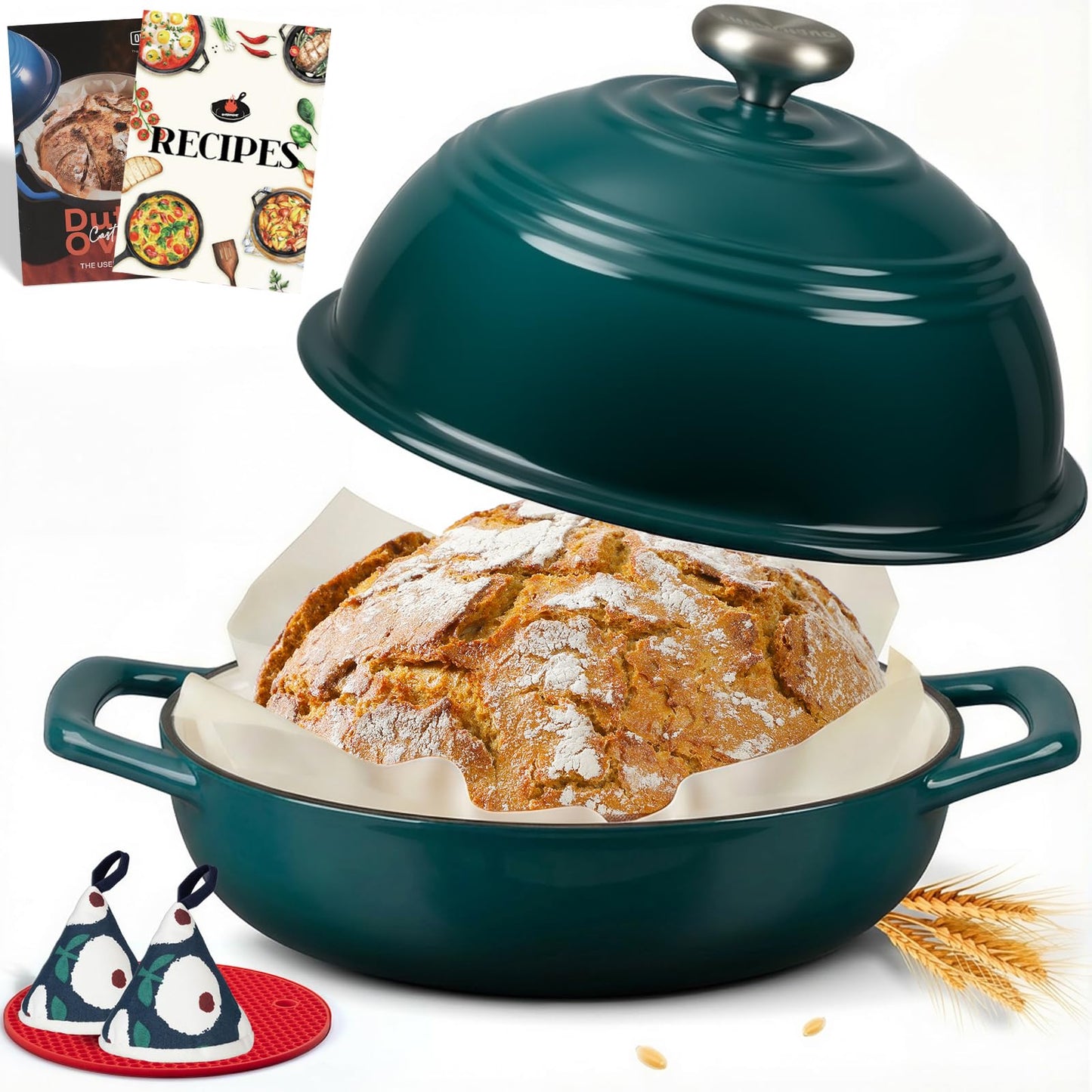 Overmont 6QT Enameled Cast Iron Bread Oven — Taller Body for Even Baking, Durable & Easy-to-Clean, Includes Dome Lid, Cotton Potholders & Cookbook, Perfect for Home Bakers & Sourdough Enthusiasts