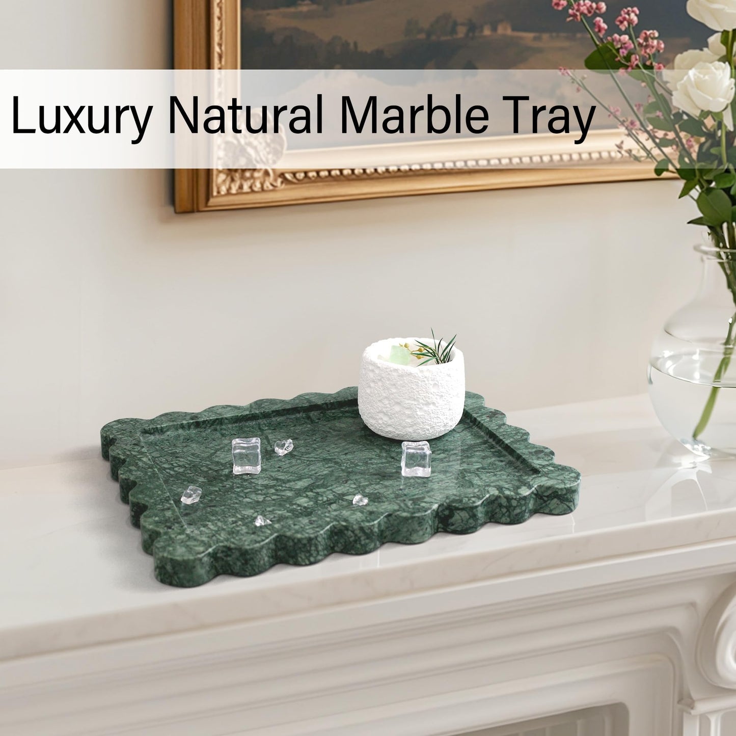 LIN CHUAN 100% Real Indian Green Marble Tray, Natural Scalloped Marble Tray, Luxury Decorative Trays for Bathroom Vanity, Dresser, Kitchen & Home Decor, 10.6 x 8 Inches, Dark Green