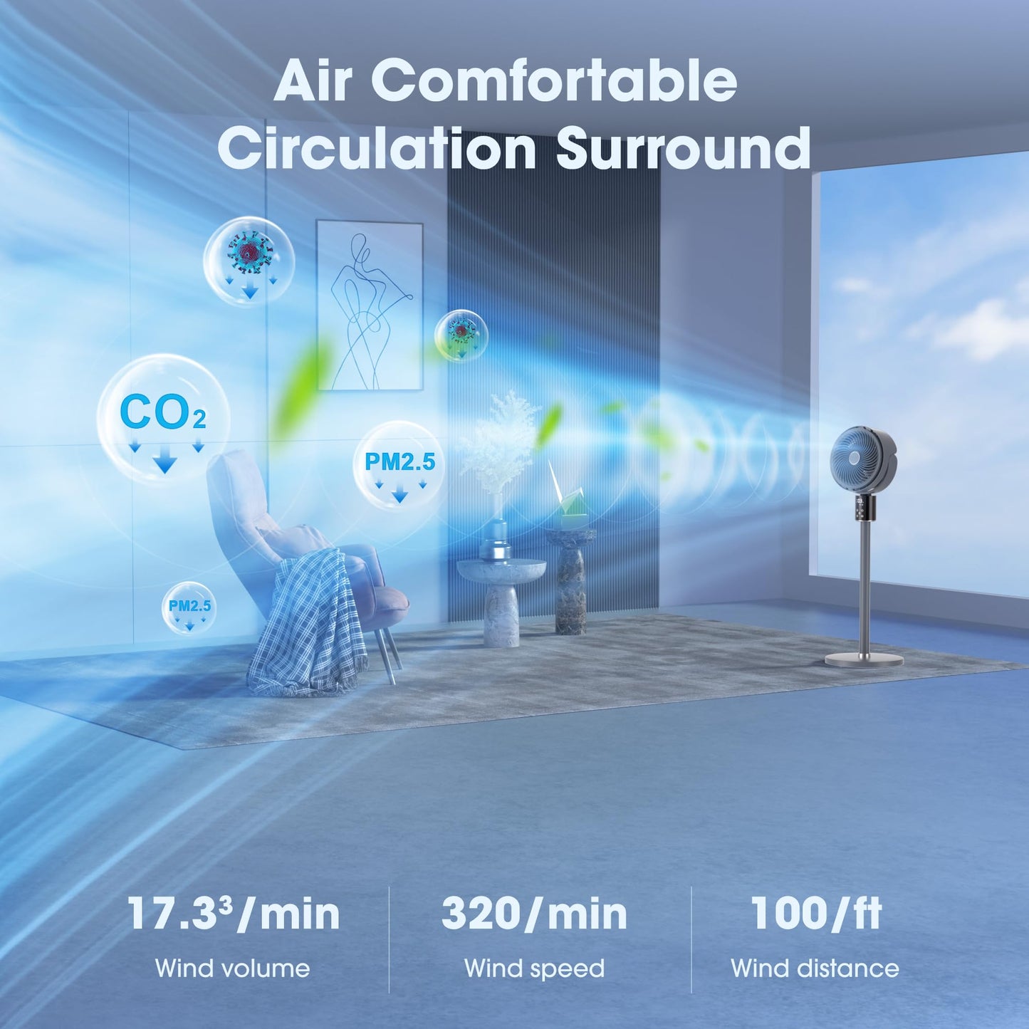 100ft CirculAir Oscillating Standing Fan for Bedroom, Quiet Pedestal Floor Fan with 17"-37.8" Adjustable Height, AC Motor, Ultra Quiet 36-50dB, Touch & Remote Control, 3 Speeds, 12H Timer