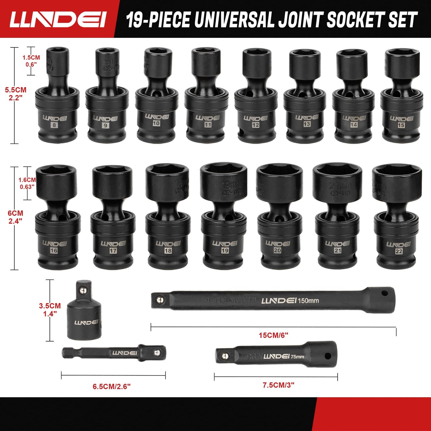 LLNDEI 3/8" Drive Universal Impact Socket Set, 19 Pieces CR-MO Swivel Socket Set, Metric(8-22mm) Wobble Sockets 6 Point with Extension Bars, Adapter and Black Organizer